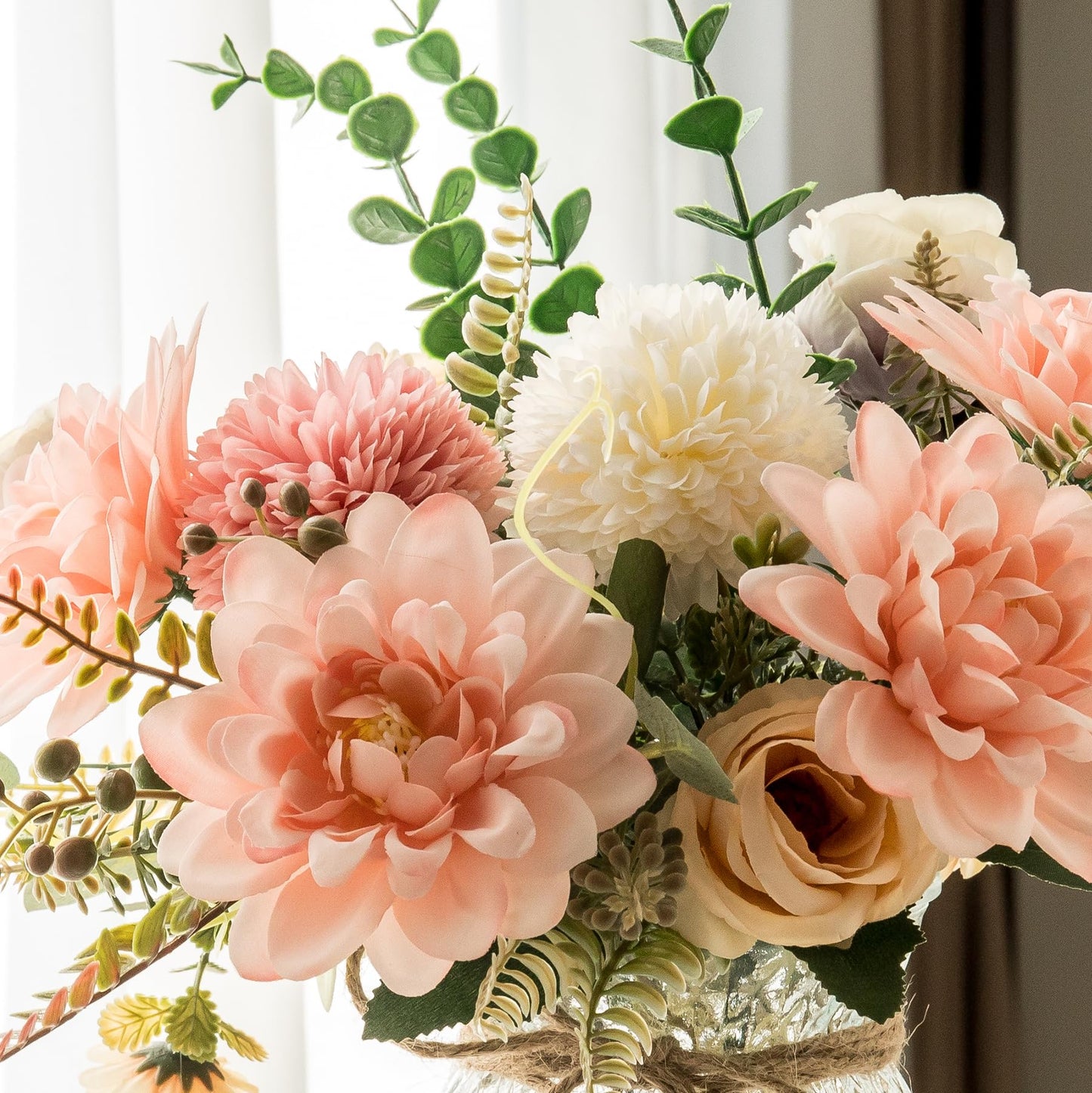 Aubcee Fake Flowers with Vase,Faux Flowers in Vase for Home Decor,Silk Pink Dahlia Artificial Flowers with Vase for Coffee Table Decor,Living Room Bathroom Plant Decor, Centerpiece Table Decorations