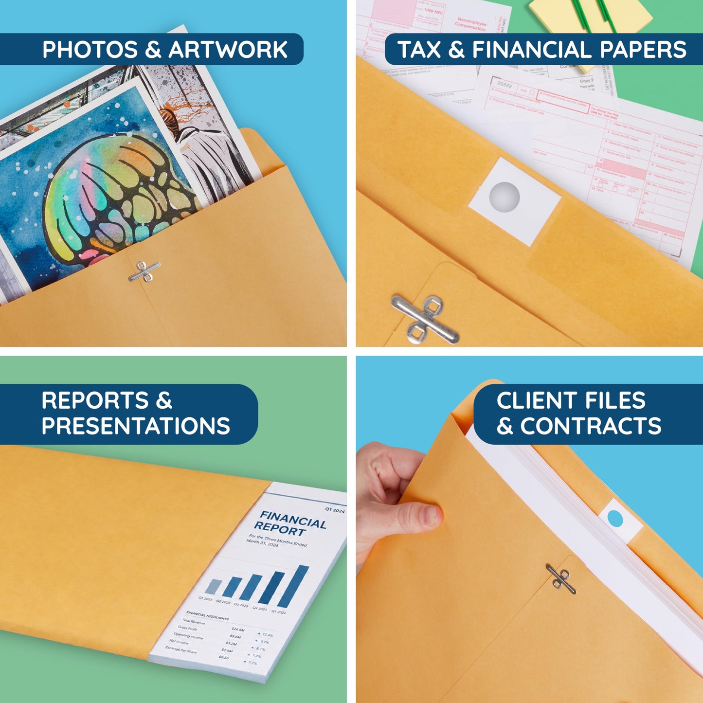 Blue Summit Clasp Envelopes, 12 x 15.5-Inch, Thick 28lb Kraft Paper, Clasp with Gummed Seal, 100 Envelopes