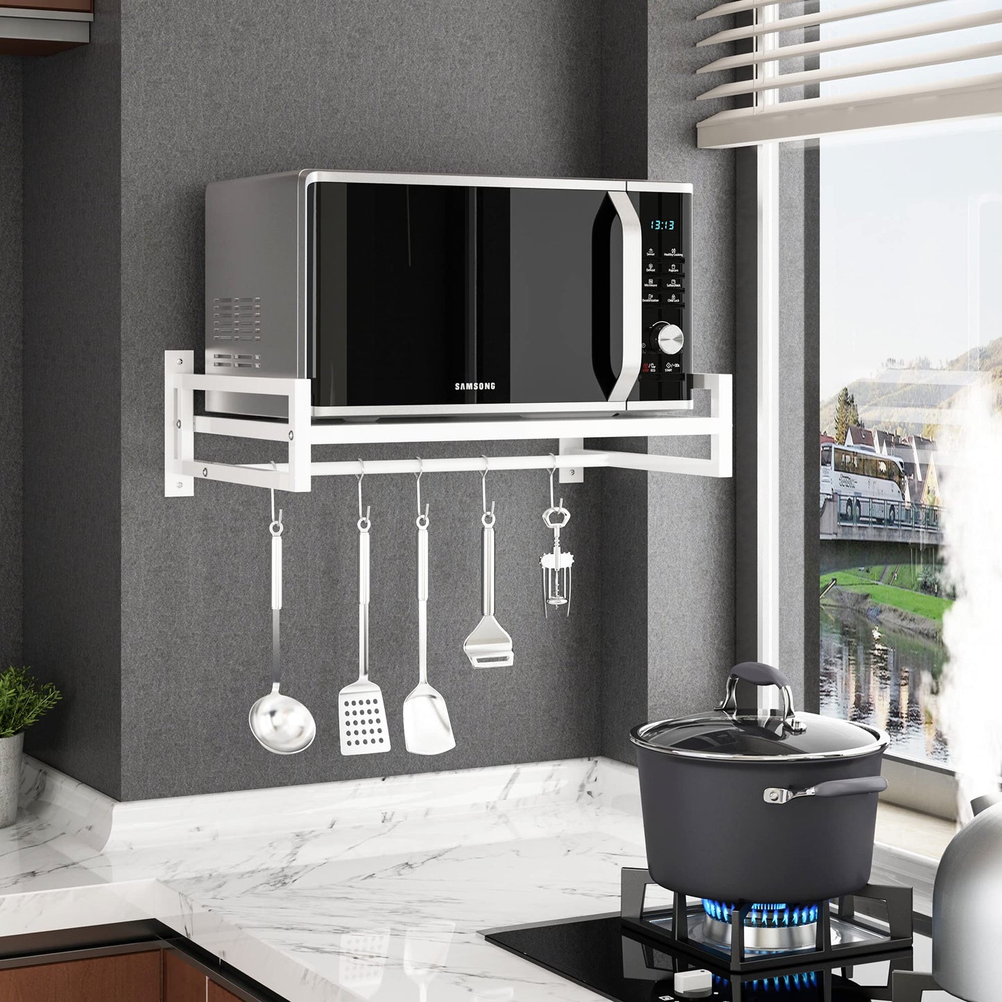 ABCOOL Wall Mount Microwave Oven Shelf Rack for Kitchen Home, Black Carbon Steel Counter Countertop Holder with Hook Rail and 3 Slidable Hooks