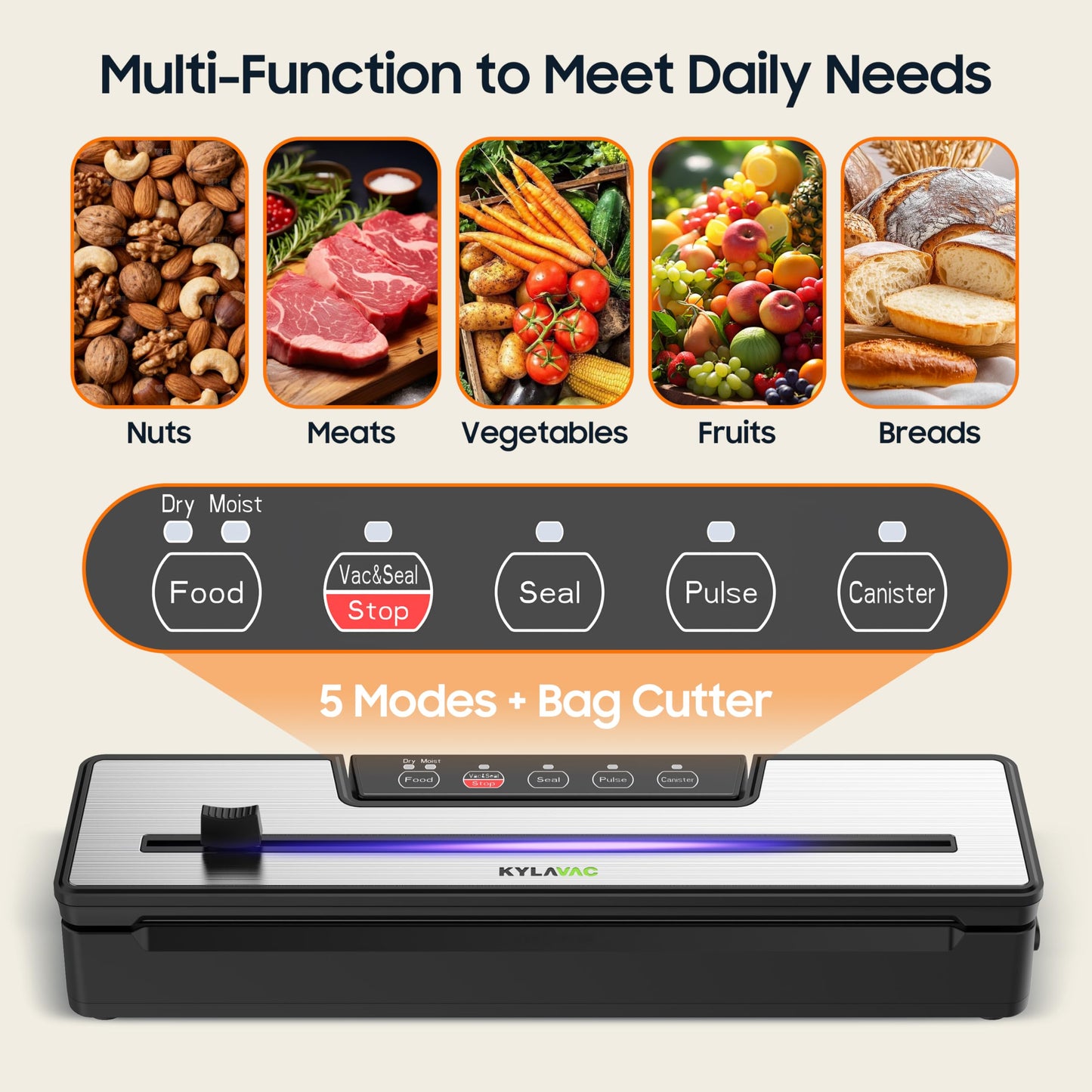 Food Vacuum Sealer Machine 80KPA Powerful Suction 6-in-1 Multifunctional Fast Compact Vacuum Sealer for Kitchen Storage with Dry/Moist Modes & Tube Accessories, Built-in Cutter + Bags