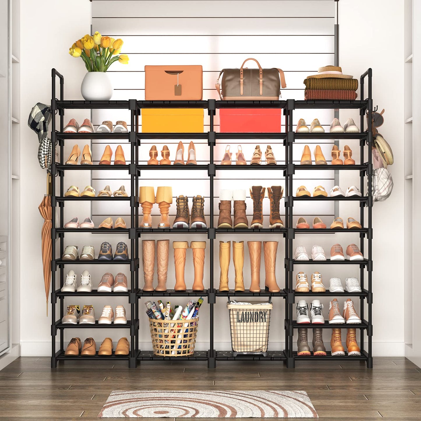 ROJASOP Large Shoe Rack Organizer for Entryway Closet 64-68 Pairs 9-Tier Heavy Duty Tall Garage Shoe Rack Shoe Shelf Shoes Storage with 18 Pcs Removable Side Hooks for Bedroom and Garage Black