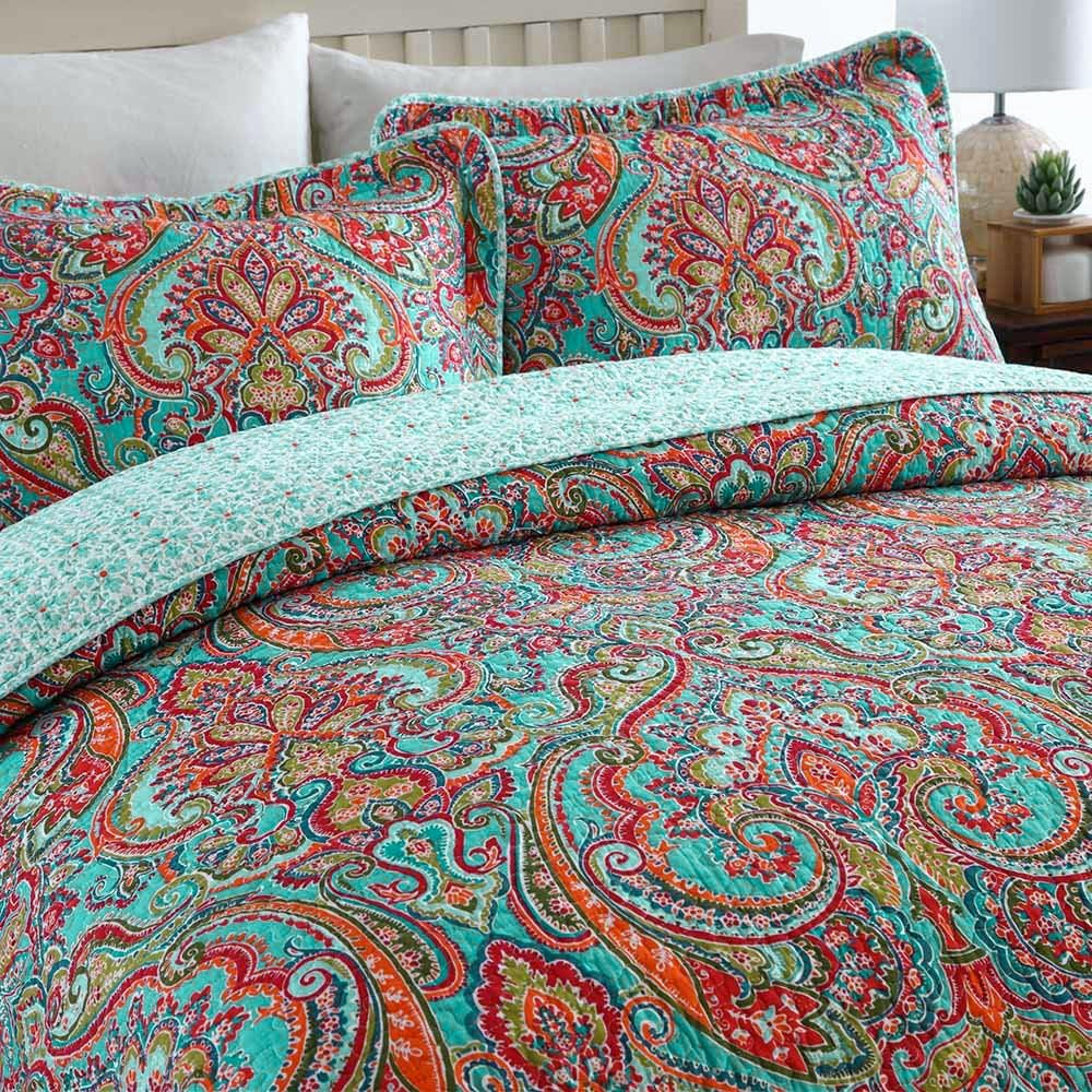 NEWLAKE Cotton Bedspread Quilt Sets-Reversible Patchwork Coverlet Set, European Gorgeous Floral Pattern, King Size