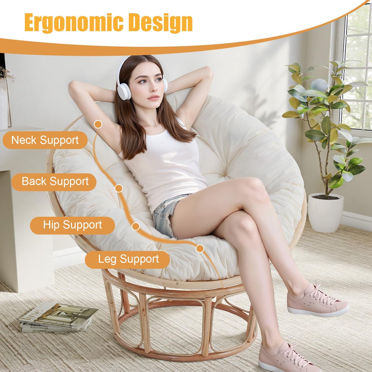 idee-home Papasan Chair Cushion, Circle Papasan Chair Cushion(Cushion Only) with Thick Corduroy Cover, 48 x 48 Inch Cushion for Egg Chair, Beige