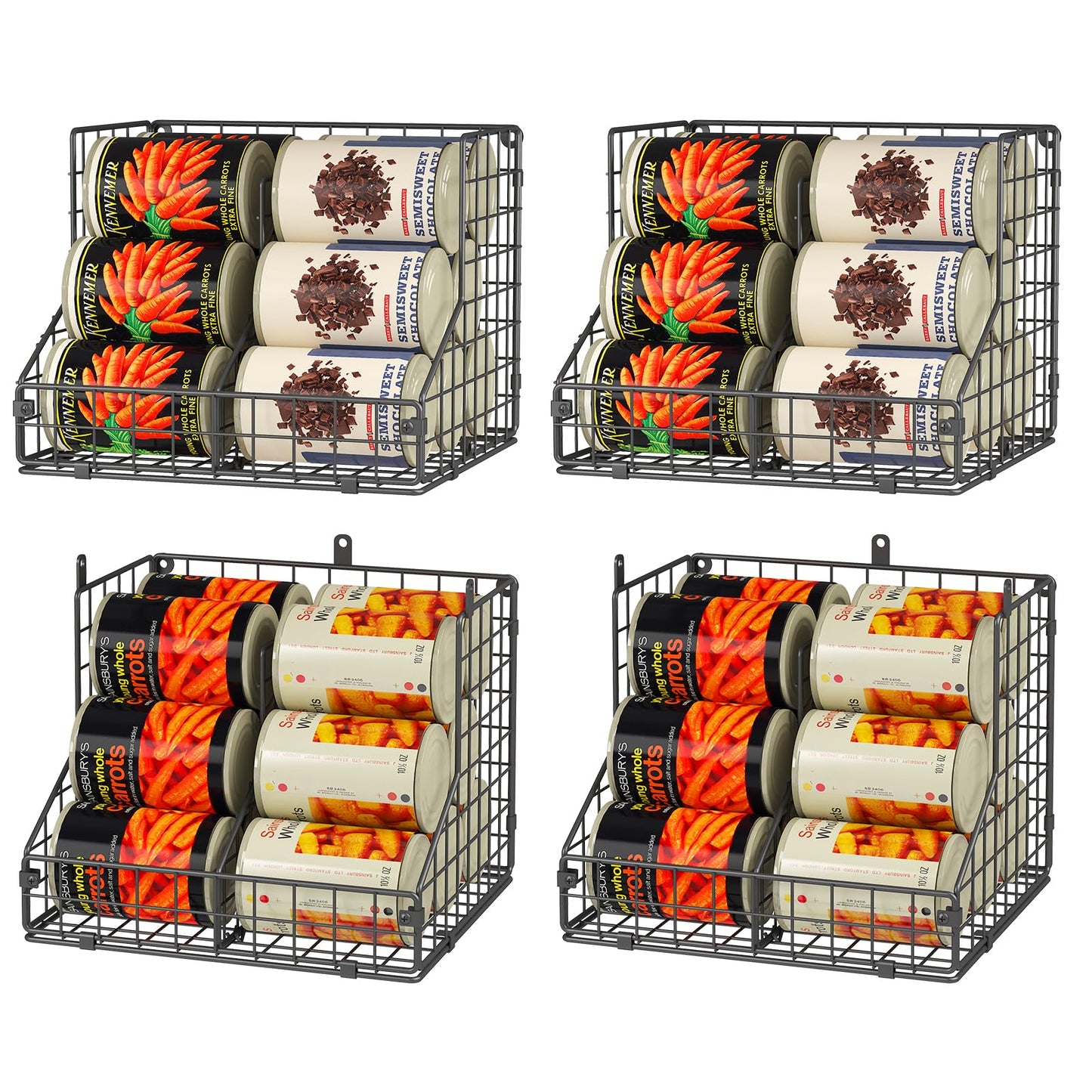 JKsmart 4 Pack Stackable Can Organizer for Pantry with Adjustable Dividers, Soda Can Organizer, Can Storage Dispenser Holds up to 56 Cans, Metal Wire Baskets Can Holder for Kitchen Cabinet Pantry
