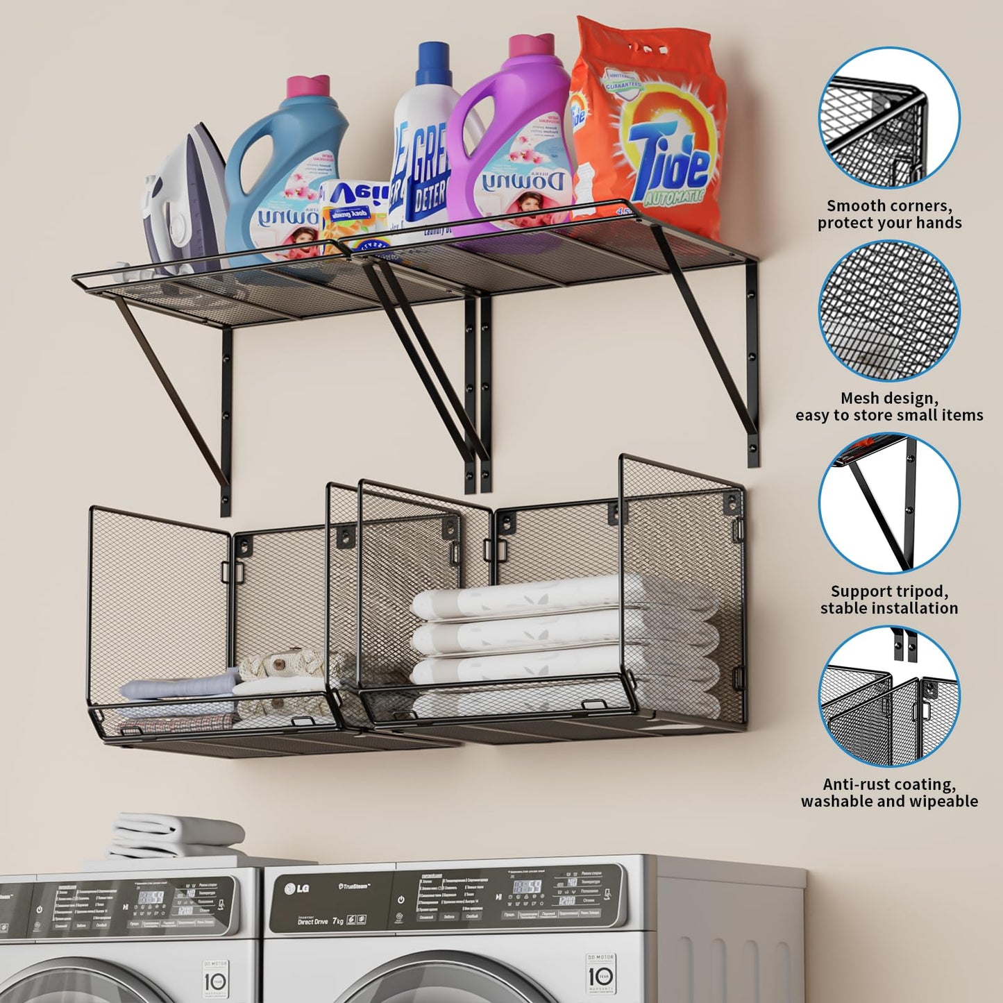 BigPonPon 2 Pack Laundry Room Shelves Organization and Storage,Wall Mounted Clothes Drying Rack with Wire Mesh Basket Over Washer and Dryer, (Black, 2 Pack)