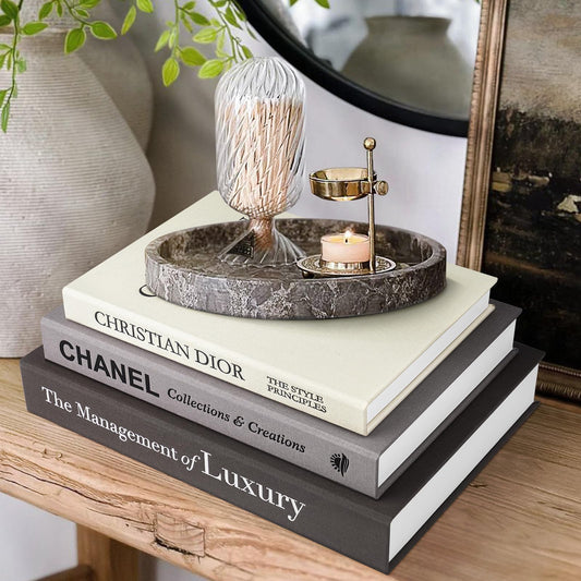 1DOT2 Aesthetic Decorative Books -Set of 3 Minimalist Linen Hardcover Faux/Fake Books,Decorative books for Home Decor Living Room Decoration,Photo Storage or as a Keepsake Box(Black-gray-beige-luxury)