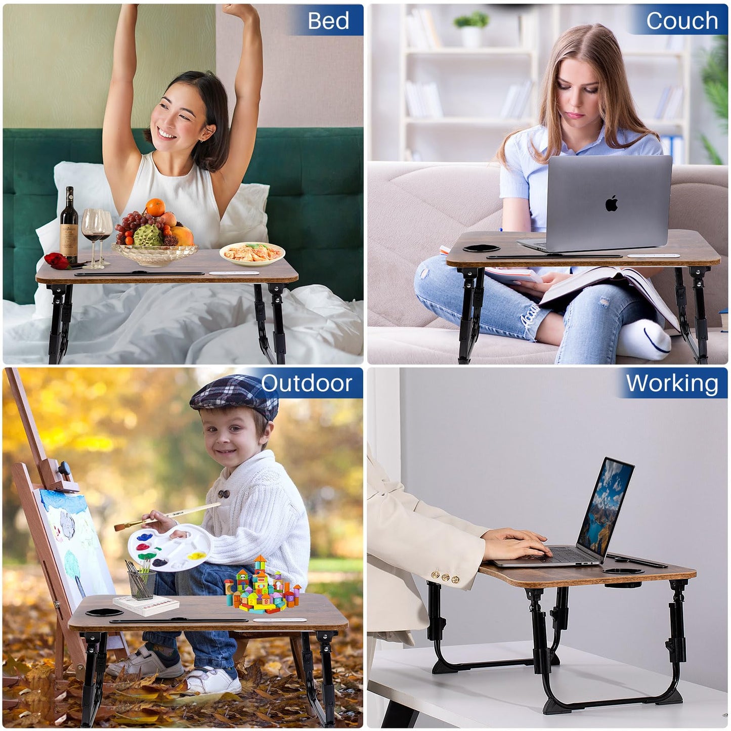 BYMECOST Laptop Desk for Bed, Height Adjustable Laptop Bed Table, Foldable Portable Lap Desk Stand with USB/Storage Drawer/Cup Holder/Slot, Breakfast Tray for Working Reading Writing Eating