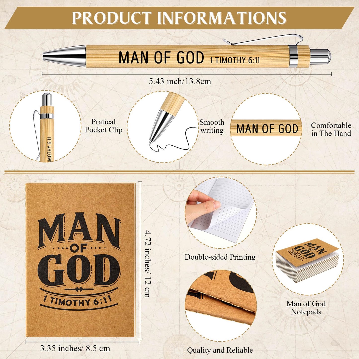 Chiisong 25 Set Man of God Gifts Include 25 Christian Mini Compass, 25 Religious Notebooks, 25 Bamboo Ballpoint Pens for Father's Day Pastors Church Travel Party Favors(25 Sets,Black, Silver)