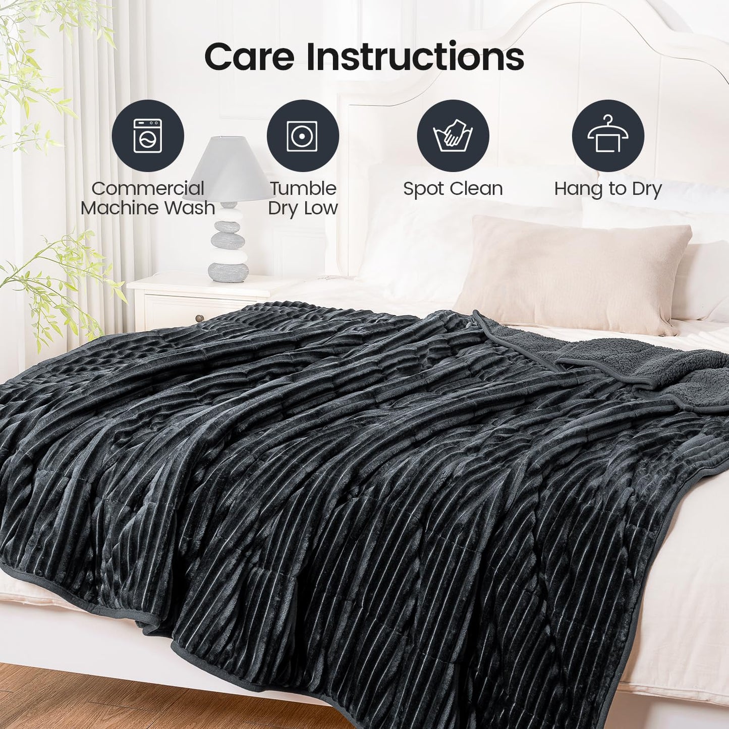 Sherpa Fleece Adult Weighted Blanket with Ribbed Stripes, 15 Pounds Dual Sided Soft Plush Blanket for Couch Bed Sofa, Heavy Thick Blankets with Glass Beads Great for Sleep, Dark Grey, 48" x 72"