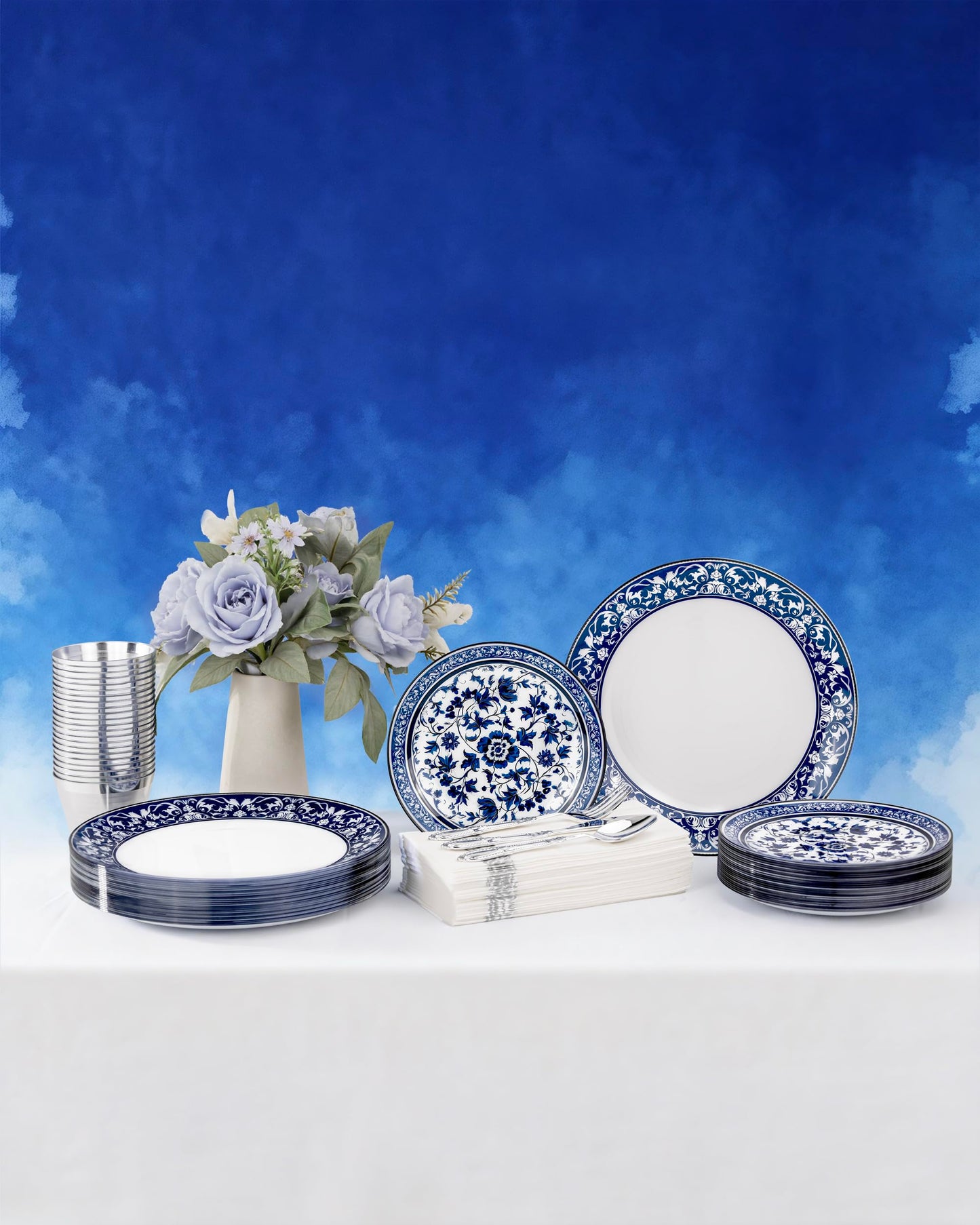 Hioasis 60pcs Blue Plastic Plates Set - Floral Blue & White Porcelain Design, 10.25" Dinner & 7.5" Dessert Plates Disposable for Memorial Day & Wedding (Dishwasher Safe, Art Style)