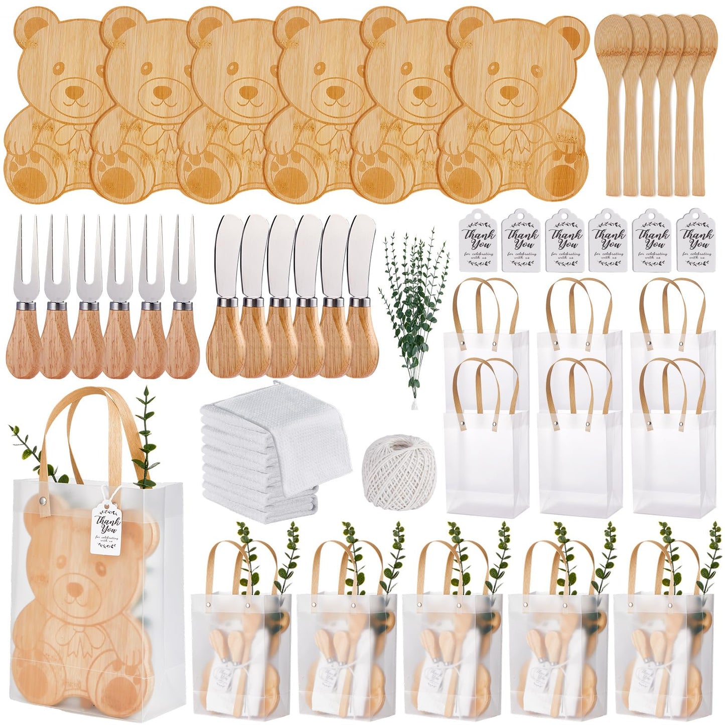 55Pcs Baby Shower Prizes for Game Winners 6 Sets Bear Shaped Cheese Board Gift with Spoons Butter Spreaders Gift Bags Kitchen Towels Bridal Shower Party Favors for Guests (Bear Shaped, 6 Sets)