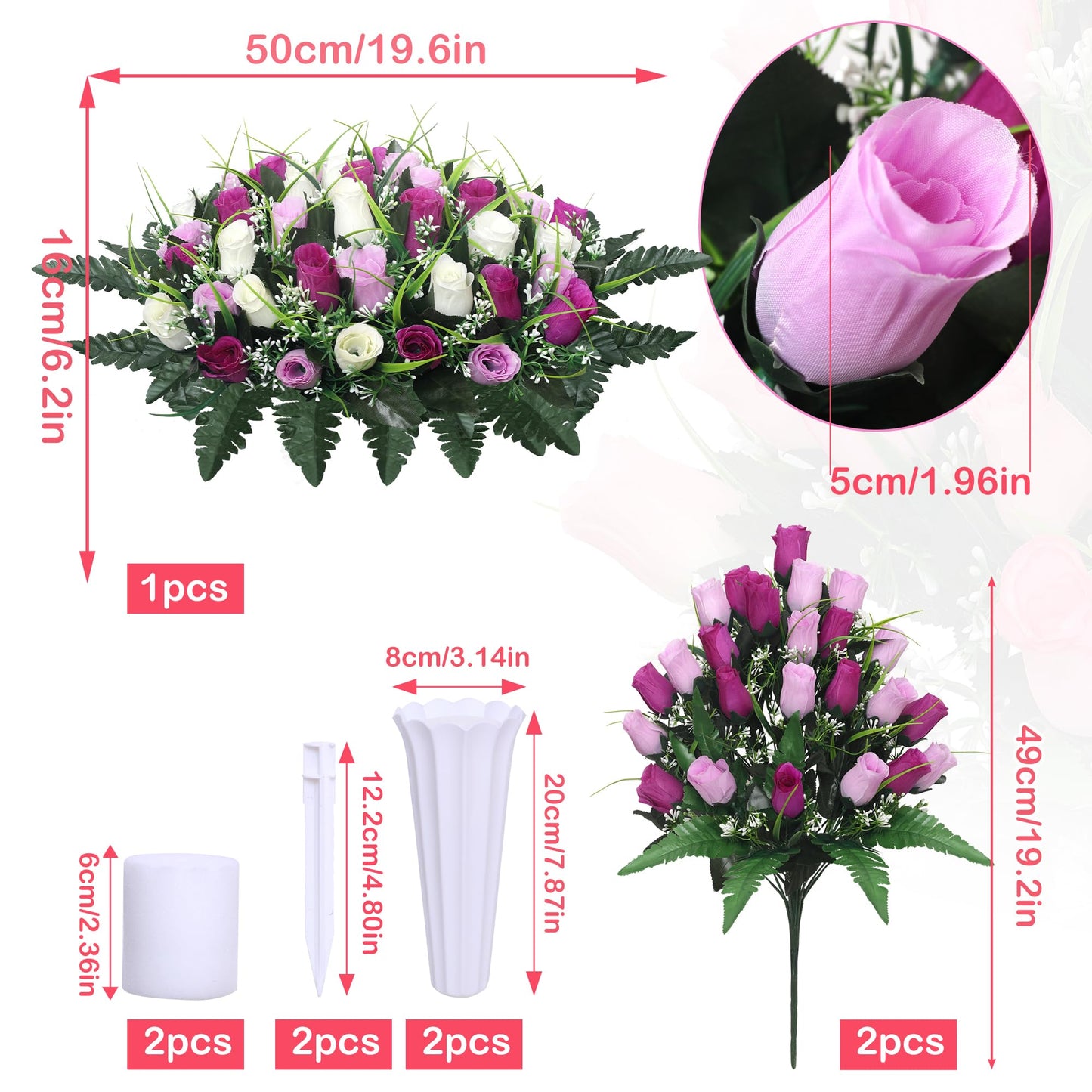 Lodou Artificial Cemetery Flower Saddles for Graves, Cemetery Memorial Flowers with Vase and 2 Memorial Bouquets for Grave Tombstone,Outdoor Grave Saddle Headstone Decorations (Purple White)
