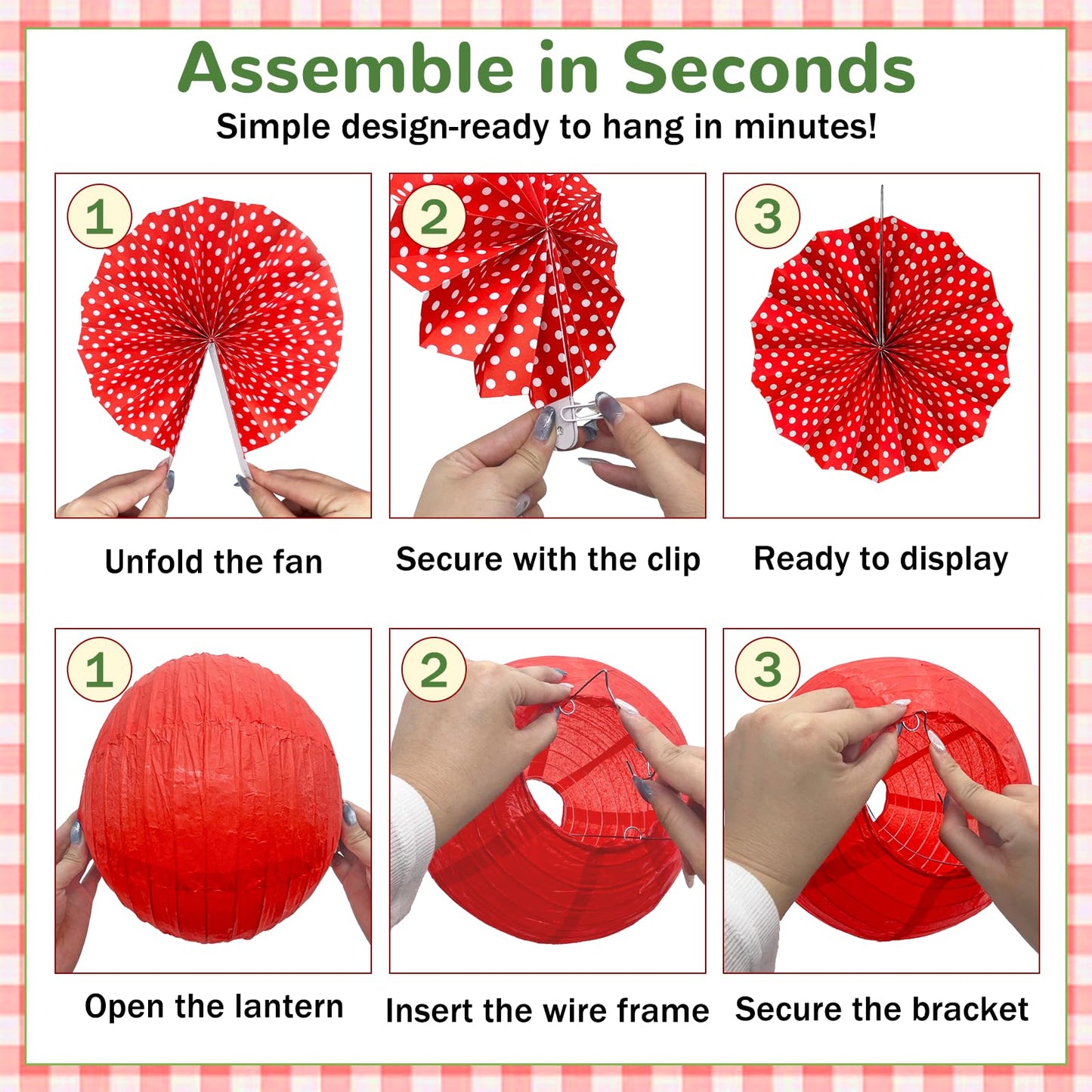 15 Pcs Red Gingham Party Decorations, 12 Inch Hanging Paper Lanterns and Fans for Picnic, BBQ, Pizza Party, Crawfish Boil, Birthday, Baby Shower, Graduation