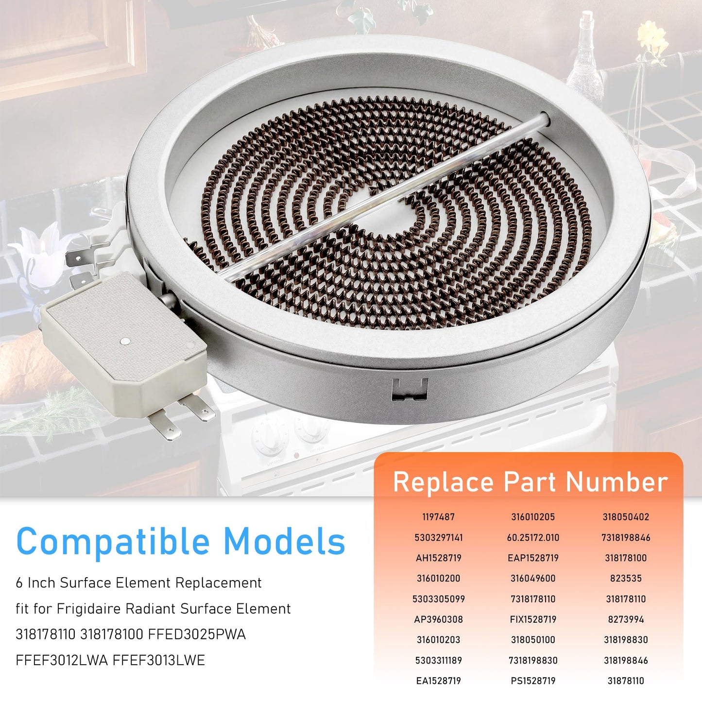 Upgraded 6" Radiant Surface Element fit for Frigidaire Electrolux 318178110 316010205 318198830 fit for LG MEE62385001 fit for Samsung DG47-00060A fit for Whirlpool WP8273994 W11171119 1 Pack Vypart