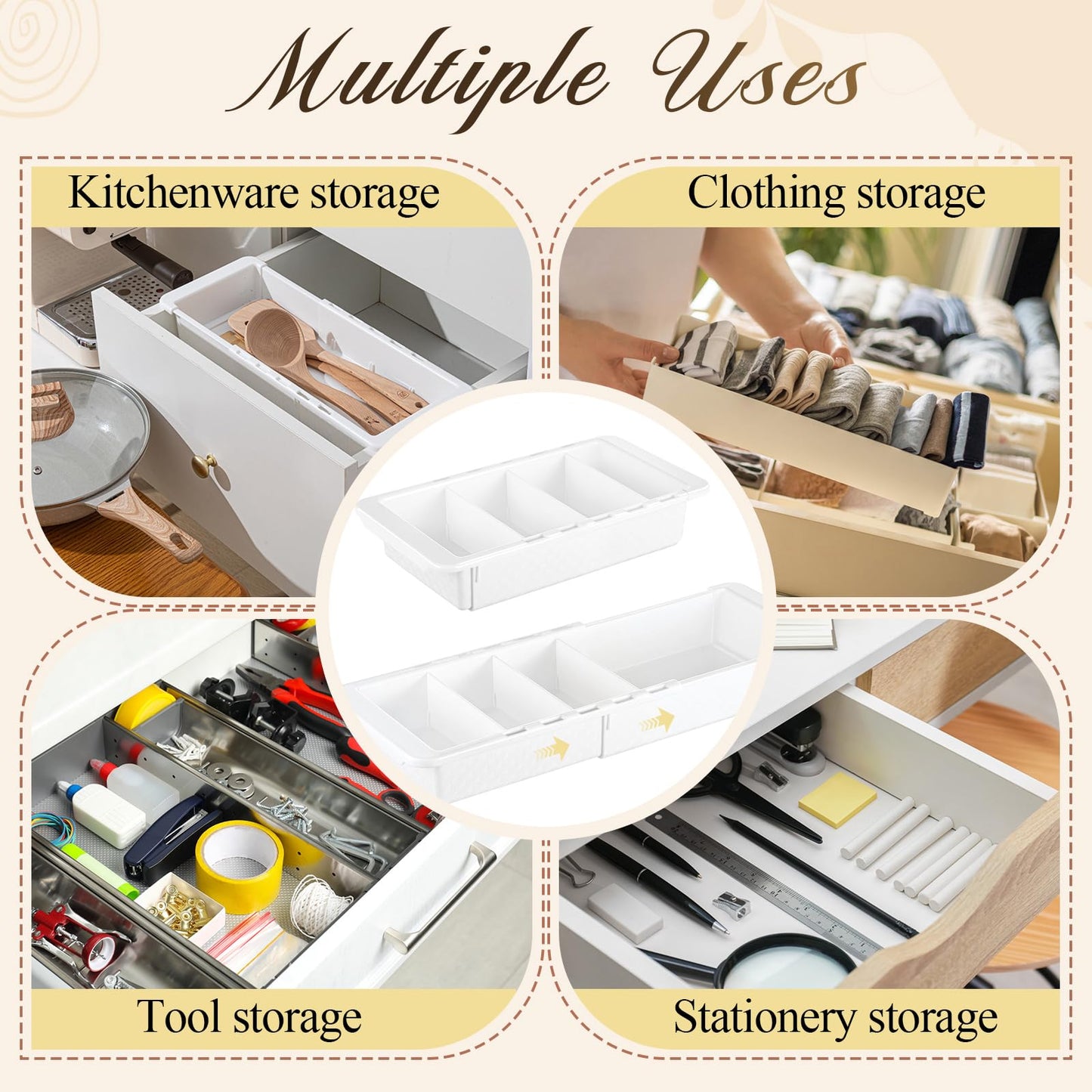 BrightRow 4 Pcs Expandable Drawer Organizer Bins Adjustable Deep Drawer Hanging Organizer Tray Expandable 11.4 to 18.1 Inches Plastic Dividers Storage for Office Bathroom Bedroom Kitchen Desk, White