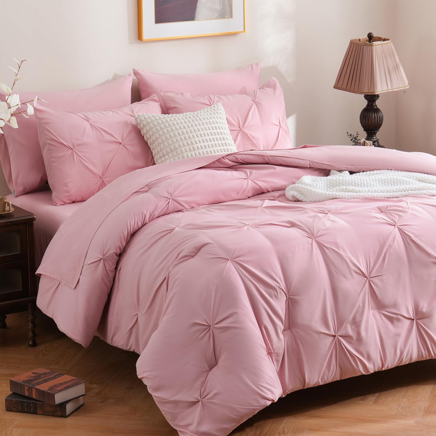 DOWNCOOL 7 Pieces Pink Queen Comforter Set, Pintuck Pinch Pleat Bed in a Bag, Soft Microfiber All Season Bedding Set for Bedroom with Sheets, Pillowcases & Shams