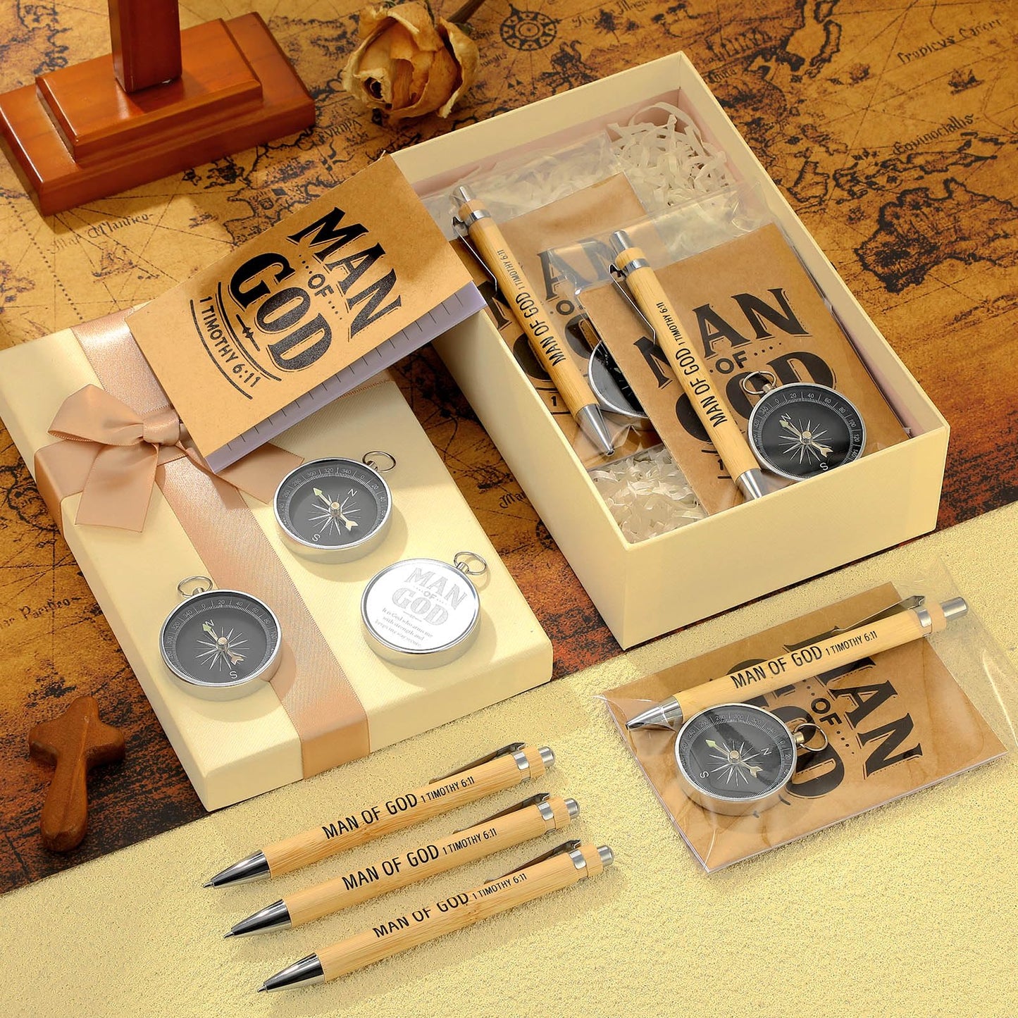 Chiisong 25 Set Man of God Gifts Include 25 Christian Mini Compass, 25 Religious Notebooks, 25 Bamboo Ballpoint Pens for Father's Day Pastors Church Travel Party Favors(25 Sets,Black, Silver)