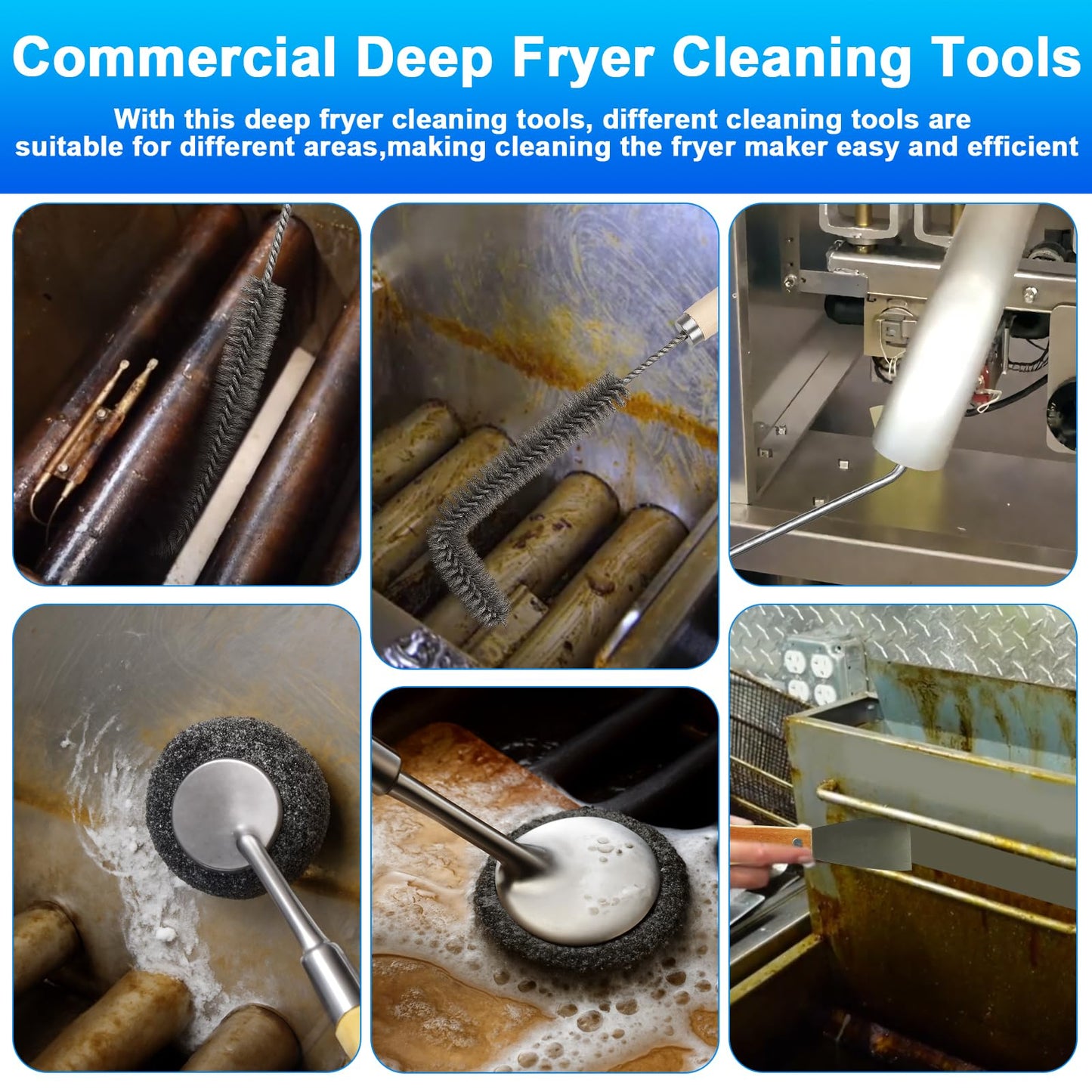 XANGNIER Large Commercial Fryer Cleaning Tools,6 Pcs Stainless Steel Electric Deep Fryer Cleaner Brush for Restaurants,Hotel Kitchen Fryers Deep Cleaning Accessories