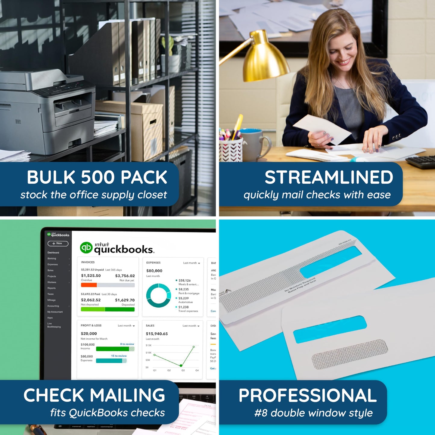 500 No. 8 Flip and Seal Double Window Security Check Envelopes - Designed for Quickbooks Printed Checks - Number 8 Size 3 5/8 Inch x 8 11/16 Inch