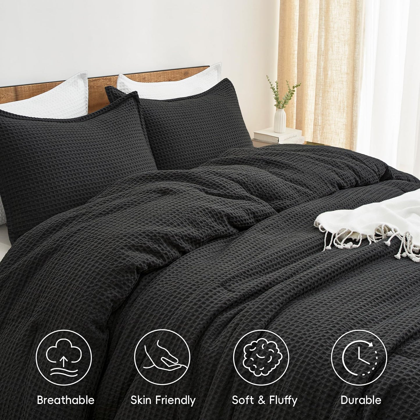 PHF Ultra Soft Waffle Weave Comforter Set Queen Size, 3 Pieces Lightweight Breathable Comfy Bedding Set, Comfy Textured 1 Comforter with 2 Pillow Shams, Black