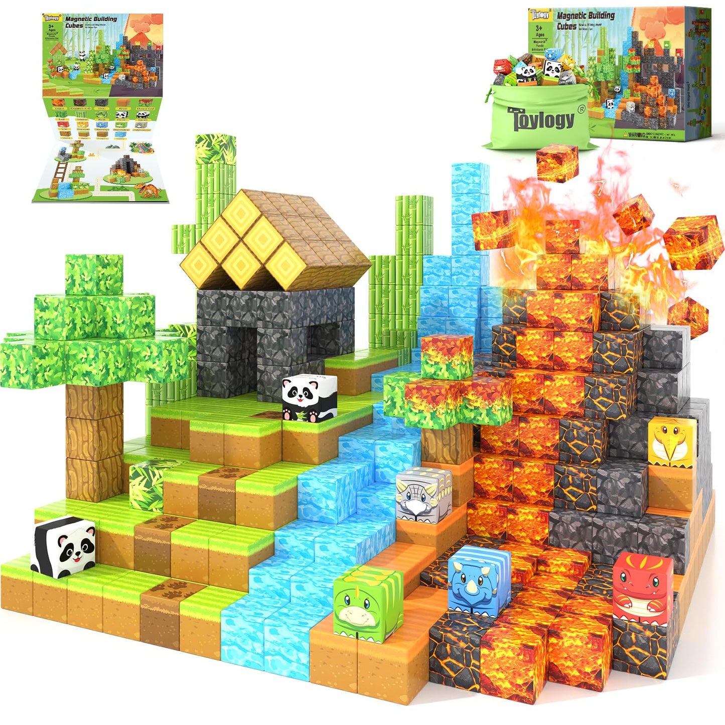 Magnetic Blocks-Build Mine Magnet World Dinosaur Panda Toys Kids Games, Toddler STEM Educational Sensory Dino Toys for Kids 3-5 5-7, Birthday Gifts for 3 4 5 6 7 8 Year Old Boys and Girls