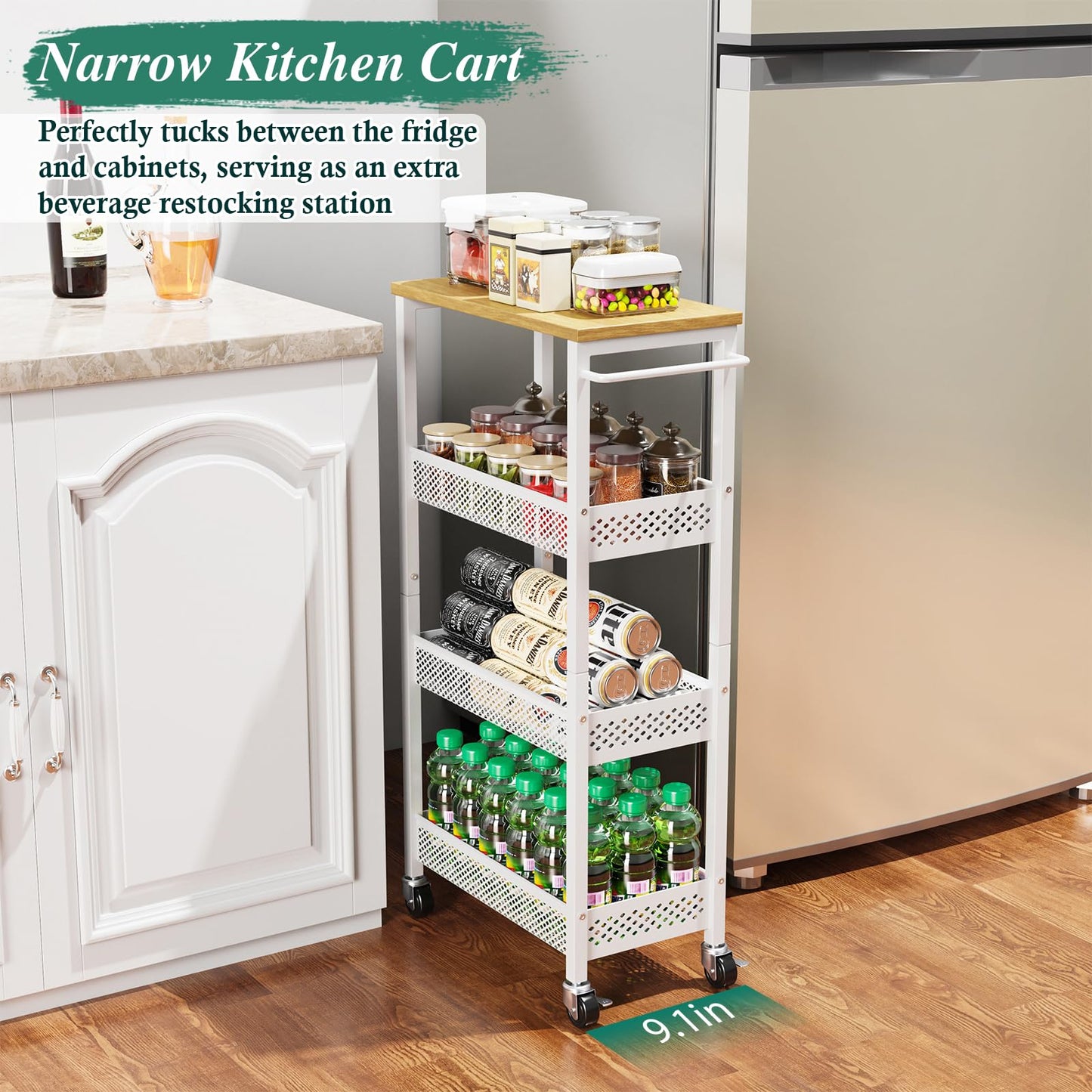 OKZEST Utility Slim Storage Cart, 4-Tier Narrow Bathroom Organizers and Storage Cart, Narrow Metal Kitchen Laundry Room Organization Shelf with Wood Top, Slim Rolling Carts with Wheels for Small Space
