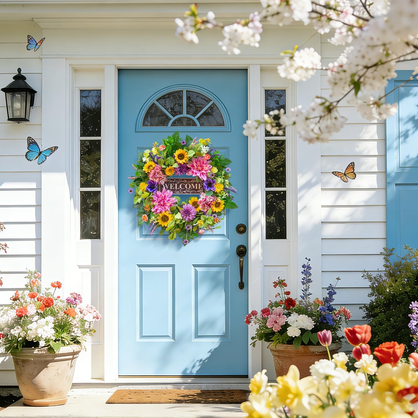 Spring and Summer Wreaths for Front Door 24 Inch Summer Wreath with Lifelike Sunflower,Pink and Purple Dahlia Spring Door Wreath with Welcome Sign,Outdoor Decor