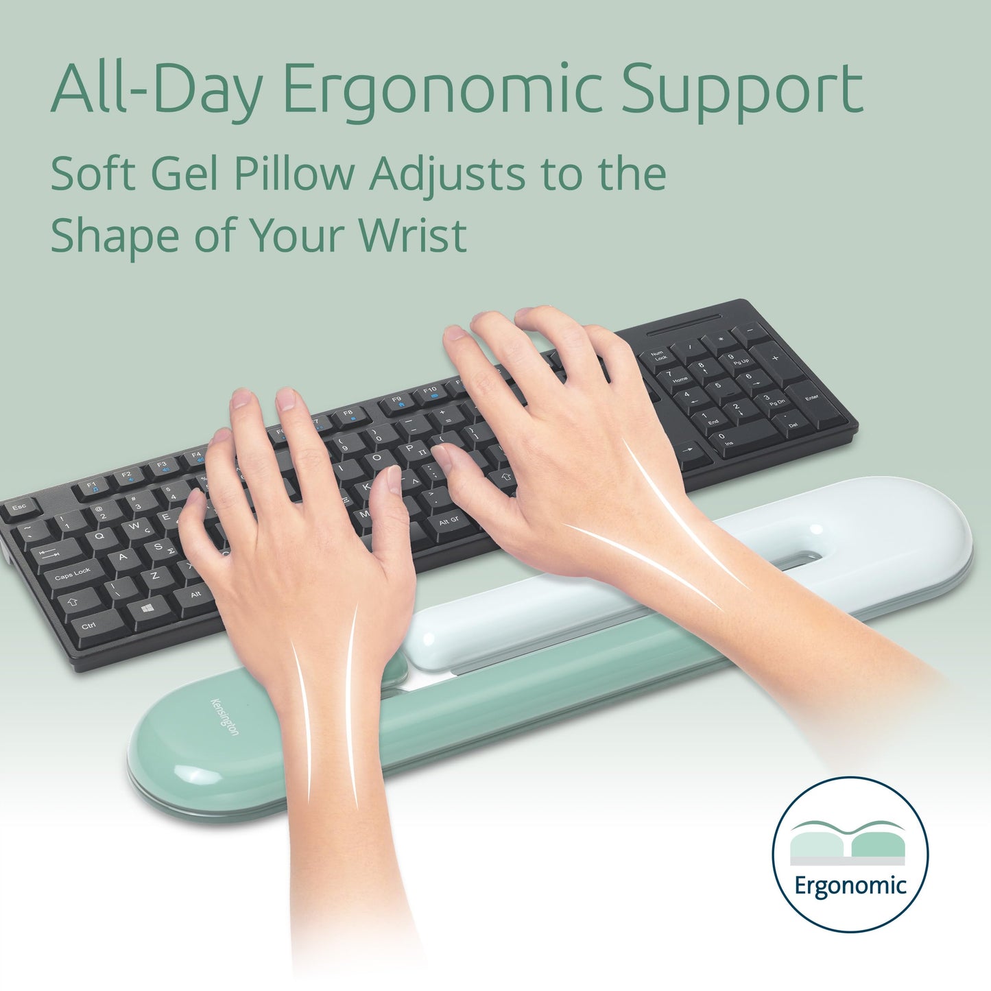 Kensington Duo Gel Loop Wrist Rest for Keyboard, Wrist Pad for Full Size Keyboard, Ergonomic Wrist Pad, Non-Skid Computer Pad with Wrist Support, Green K62680WW, 17.7" x 3.7"x 0.9”