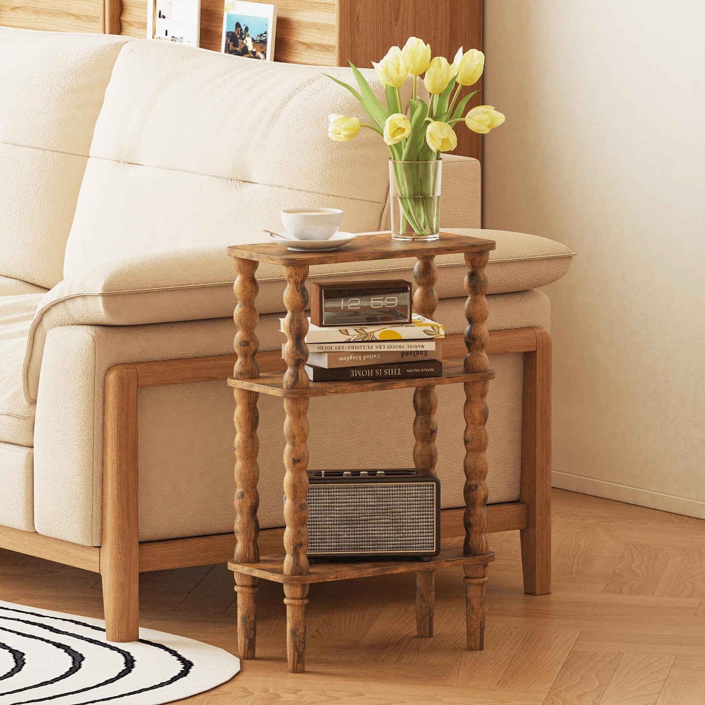 Veegle Side Table, Small End Table with Storage Shelf, 3-Tier Small Coffee Tables for Living Room Bedroom Narrow Spaces(Rustic Brown)