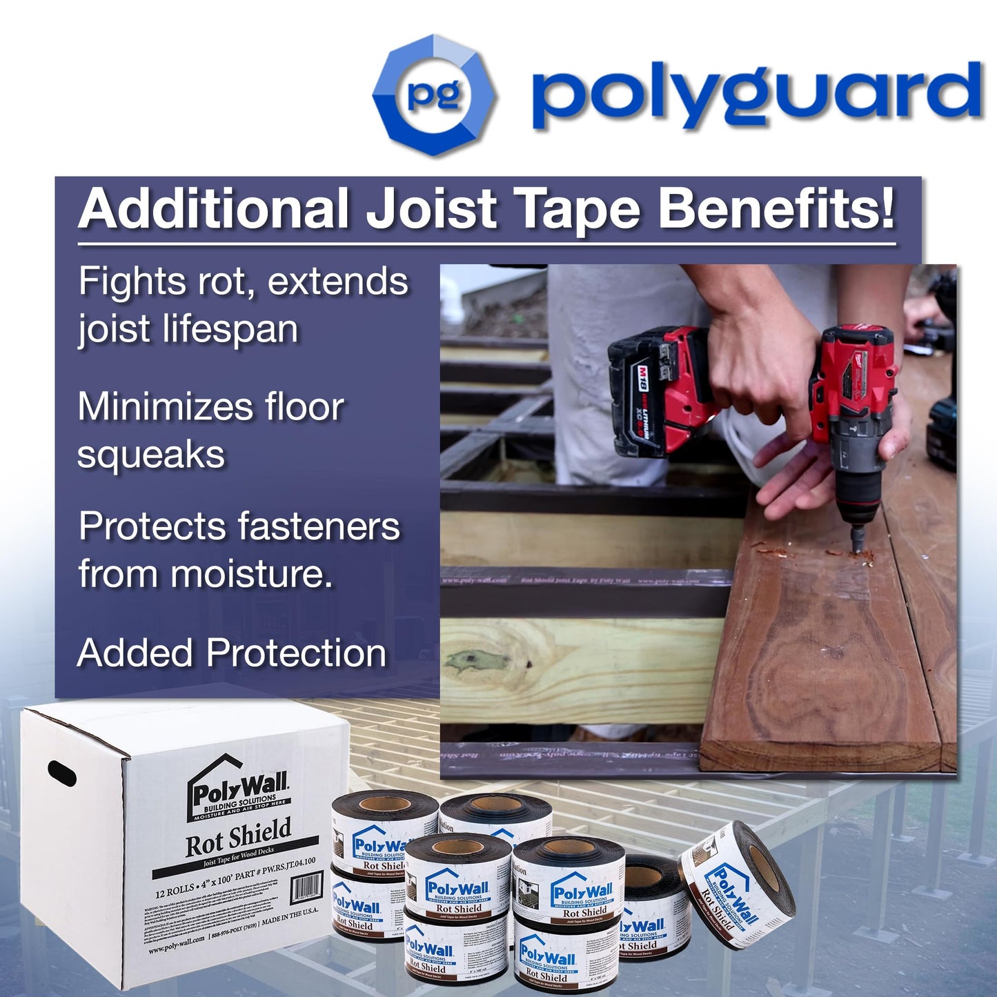 POLYGUARD Poly Wall - Rot Shield Joist Tape for Decking, 4" x 100'. Made in The USA. Self Adhering, Self Sealing Deck Joist Tape for Wood Decks
