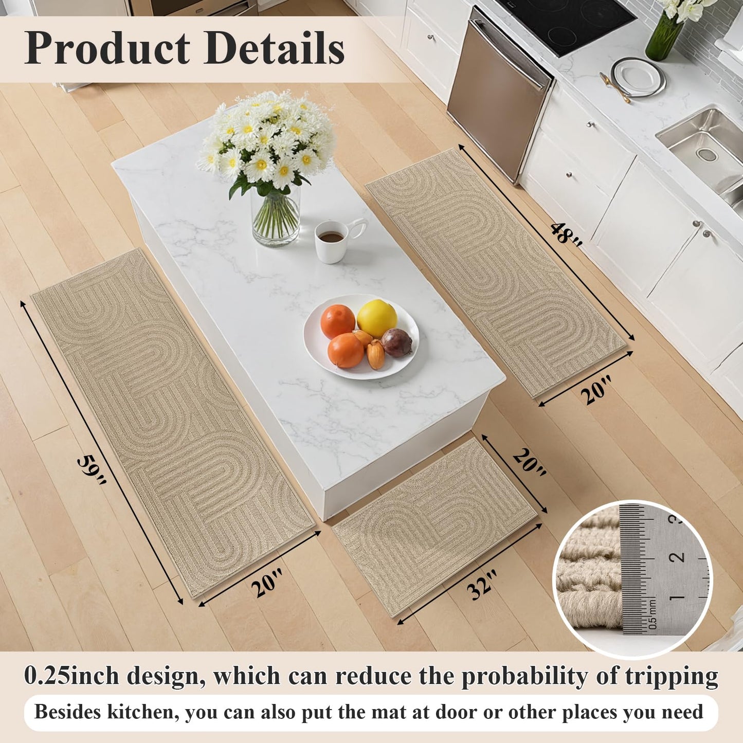 U'Artlines Kitchen Rugs and Mats Set of 3, Non Skid Washable Beige Geometric Kitchen Mats for Floor, Absorbent and Stain Resistant Floor Mat for Laundry, Sink Decor 20x32+20x48+20x59