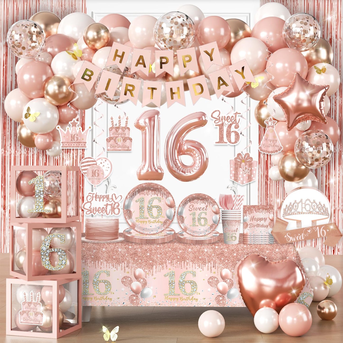 Cocomigo 241pcs Sweet 16 Party Decorations, Complete 16th Birthday Decorations for Girls Sweet 16 Sash Pink Rain Curtains Suitable for Photos at 16th Party, Sturdy 300gsm Paper Plates Serves 25