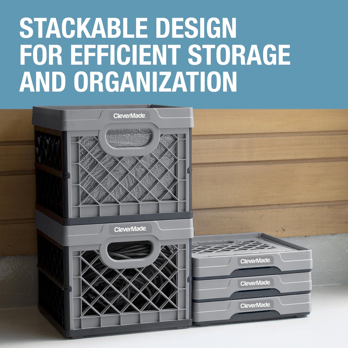 CleverMade Collapsible Milk Crate 25L (6.6 Gal) 3 Pack, 50 lb Capacity Heavy Duty Folding Crate – Stackable Storage Crates with File Rails, Plastic Collapsible Crates - Stone