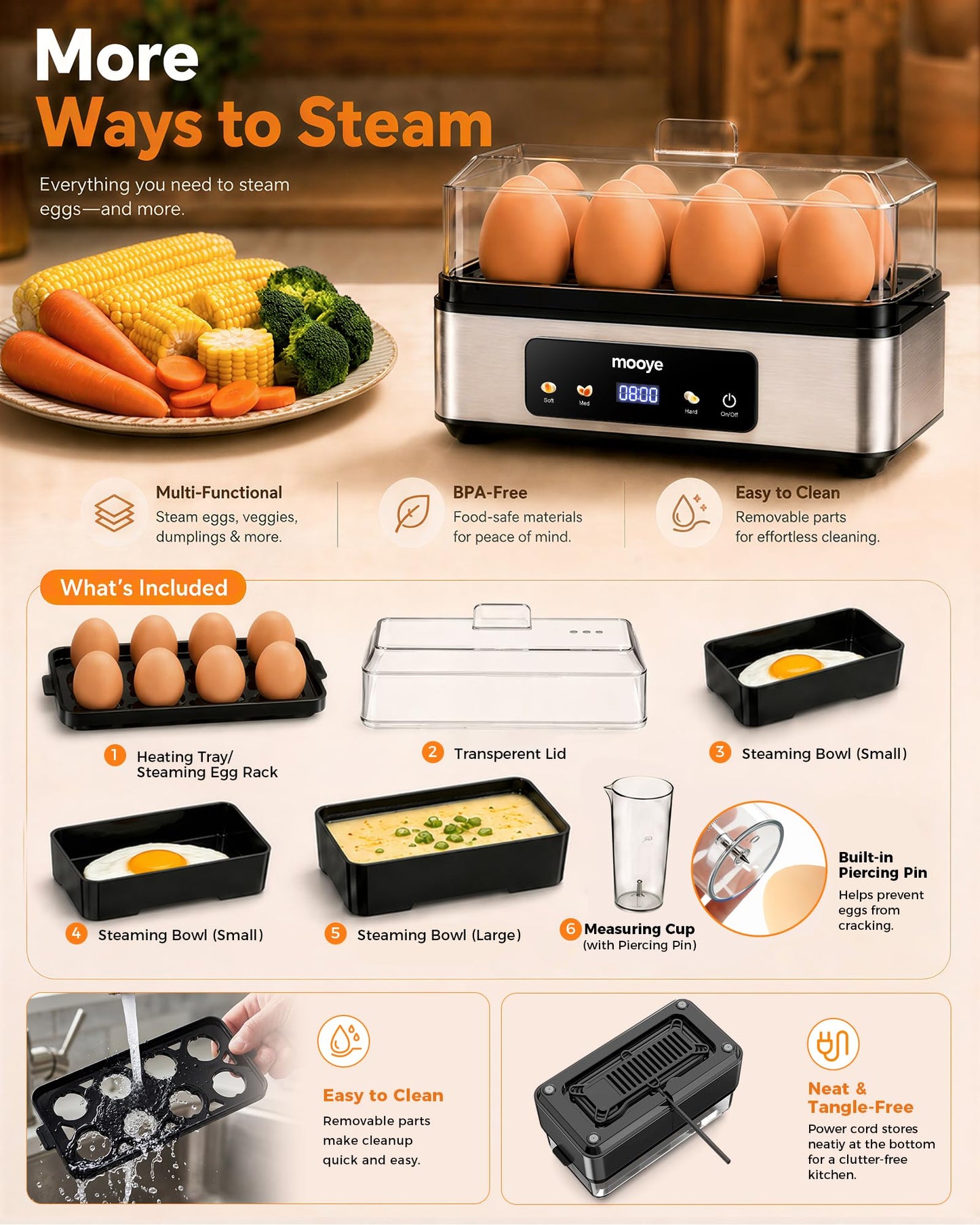 Mooye Rapid Egg Cooker for Hard Boiled Eggs, Electric Egg Steamer 3 IN 1 Soft Medium Hard Boiled, Egg Maker with Auto Shut-Off, Egg Boiler for Kitchen Breakfast & Fitness, BPA-Free, Holds 8 Eggs