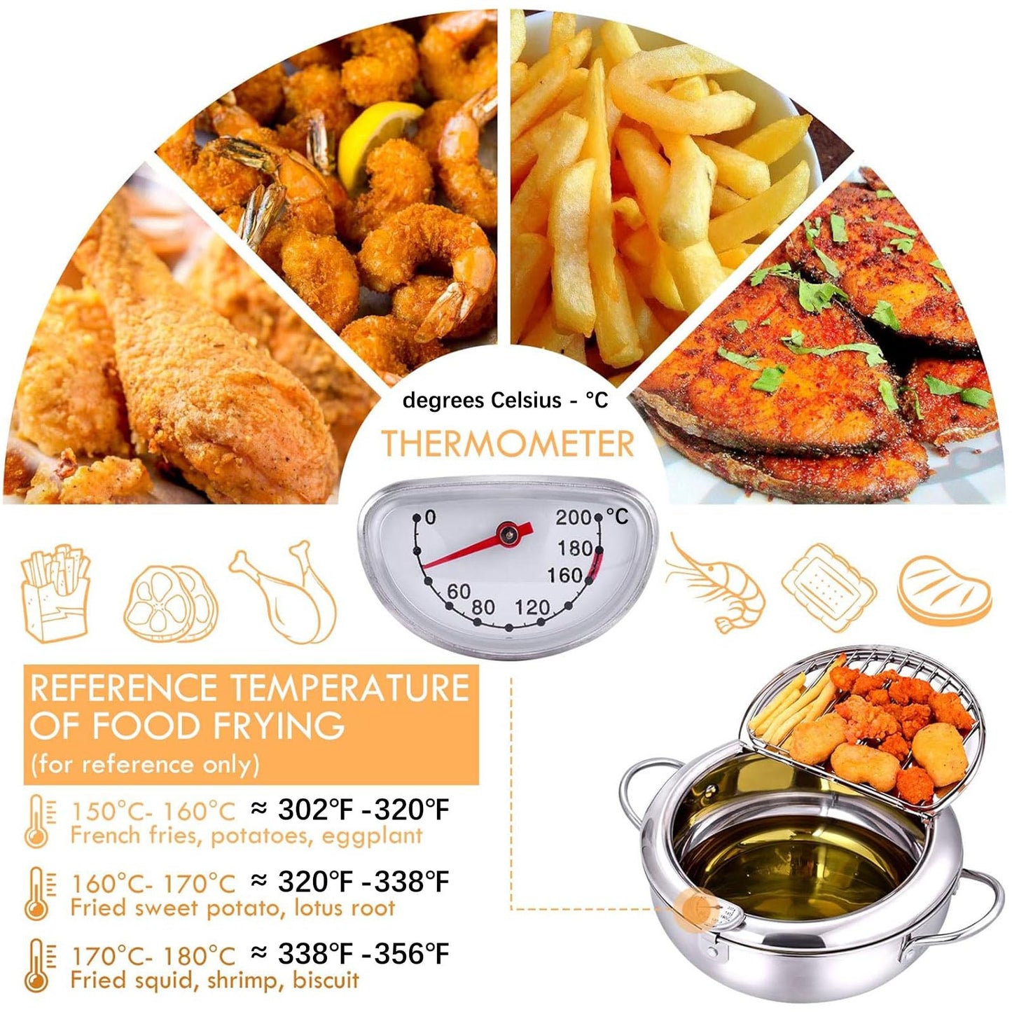cuomaop Deep Fryer Pot, 304 Stainless Steel Japanese Frying Pot with Oil Drain, Temperature Control and Lid, Tempura Deep Fryer Pot for Kitchen Stove/Induction Cooker French Fries Fryer Chicken 9.4"