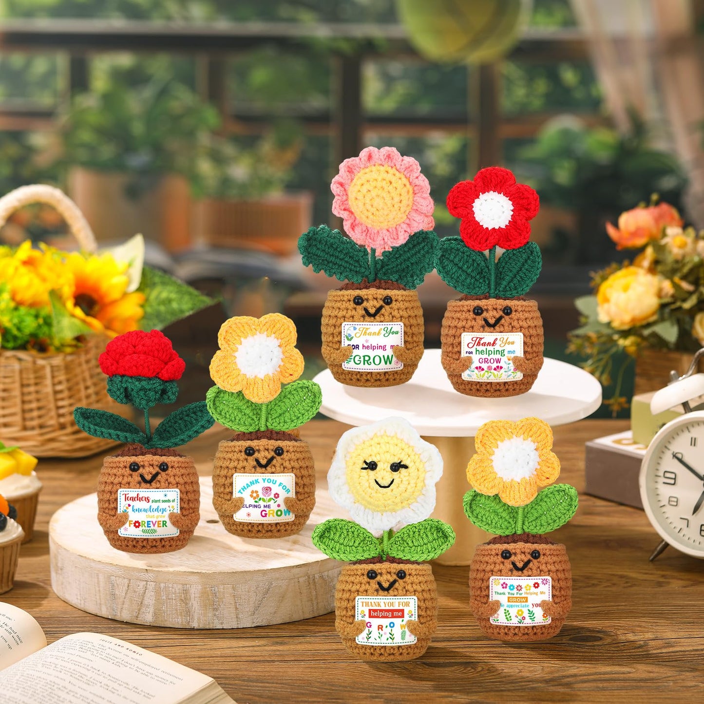 Wavwavw 6 Pcs Teacher Appreciation Gift in Bulk Thank You for Helping Me Grow Teacher Thank You Gift Sunflower Crochet Doll with Card for Graduation Birthday from Students