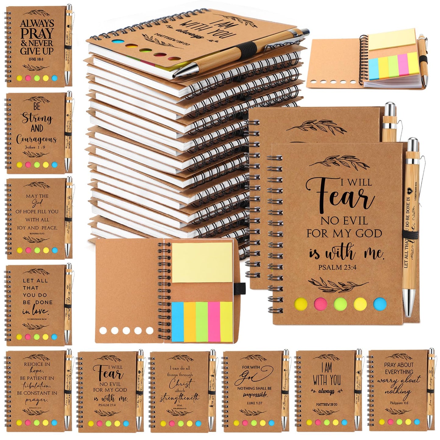Kosiz 40 Pcs/20 Set Christian Gift Bulk Bible Verse Bamboo Pen Spiral Bible Notebook with Notes Religious Basket Stuffers for Fathers Day Women Men Church Members Coworker Teacher (Kraft)