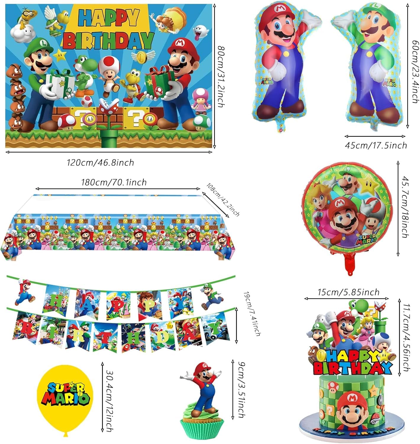 Birthday Party Decorations,48PCS Mario Cartoon Theme Supplies - 1 Backdrop, 1 Banner, 4 Aluminum Balloons, 1 Tablecloth, 25 Cake Toppers, 16 Latex Balloons.