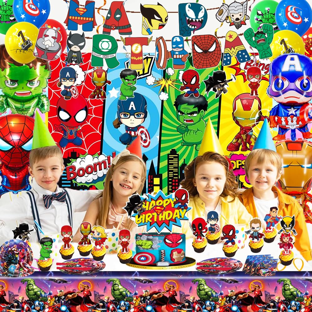 Avenger Theme Birthday Party Supplies Decorations, Including Birthday Banner, Tablecloth, Backdrop, Hanging Swirls, Balloons, Cake Toppers, Plates, Forks, Spoons for Cool Party