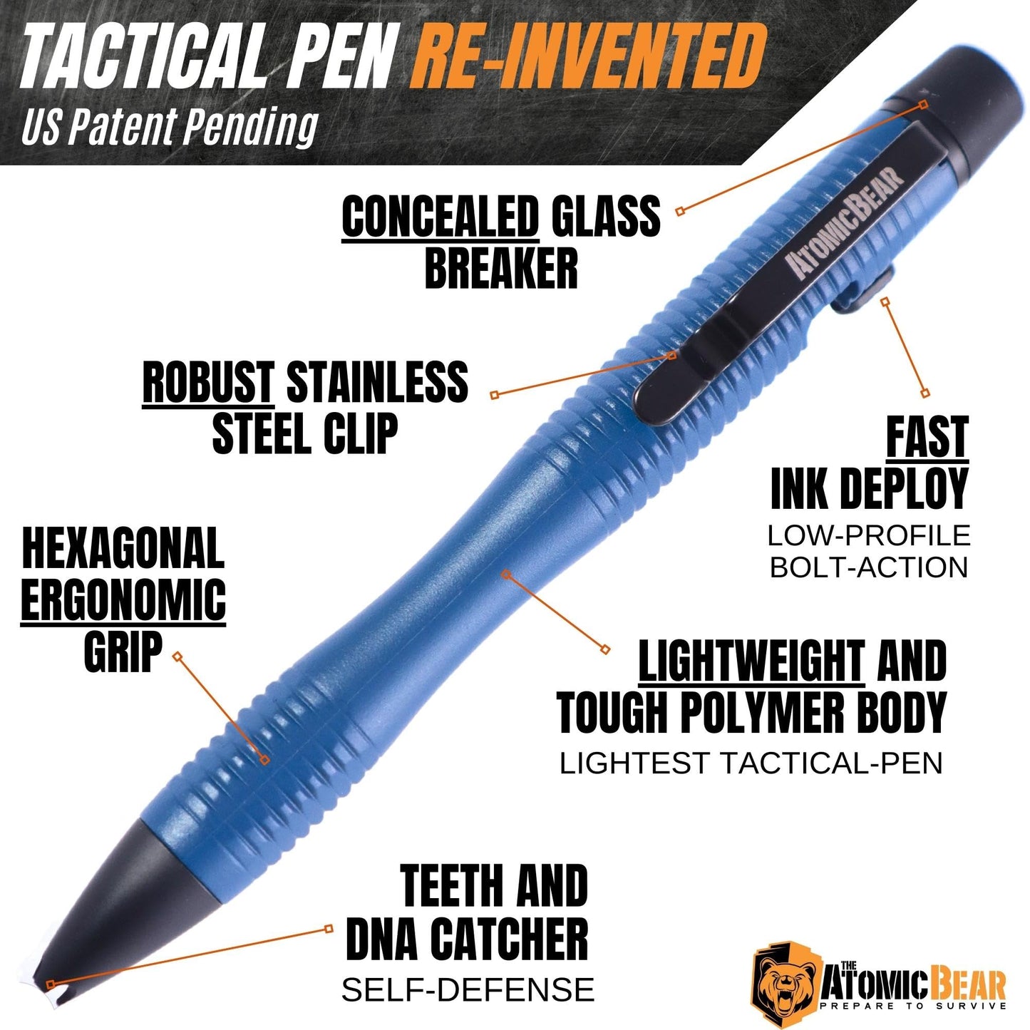 The Atomic Bear Stealth Pen Pro Tactical Pen for Self Defense - Enhanced Writing Survival Pen with Glass Breaker to Escape & Defend - Bonus Training to Protecting Yourself - Great Gift for Men - Navy