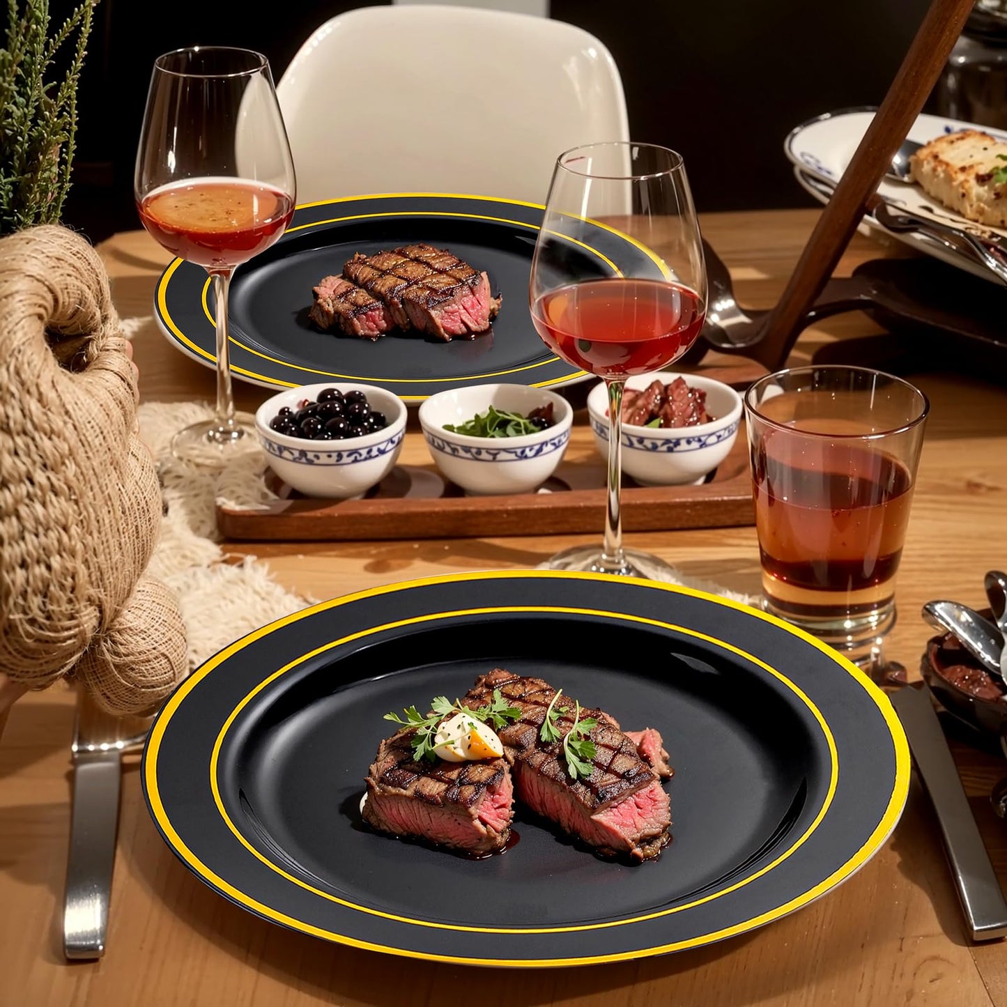 bUCLA 300PCS Black and Gold Disposable Dinnerware Set - 50 Guests Black Plastic Plates with Gold Rim Include 50 Dinner / 50 Dessert Plates, 50 Forks,50 Knives,50 Spoons&50 Cups for Party&Graduation