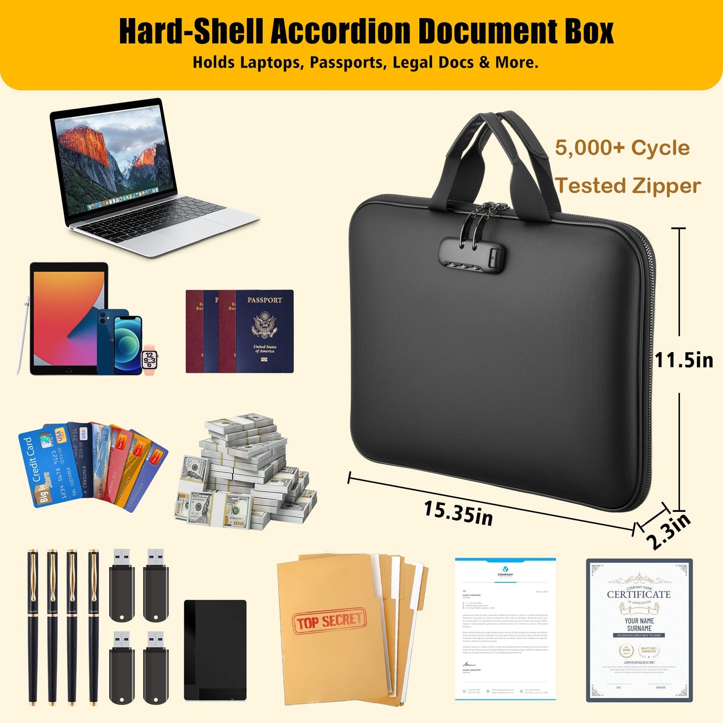 facka Fireproof Document Box with Combination Lock, Hard-Shell Fireproof File Organizer for Legal Documents, Laptop, Valuables & Important Papers, 13-Pocket Accordion File Folder