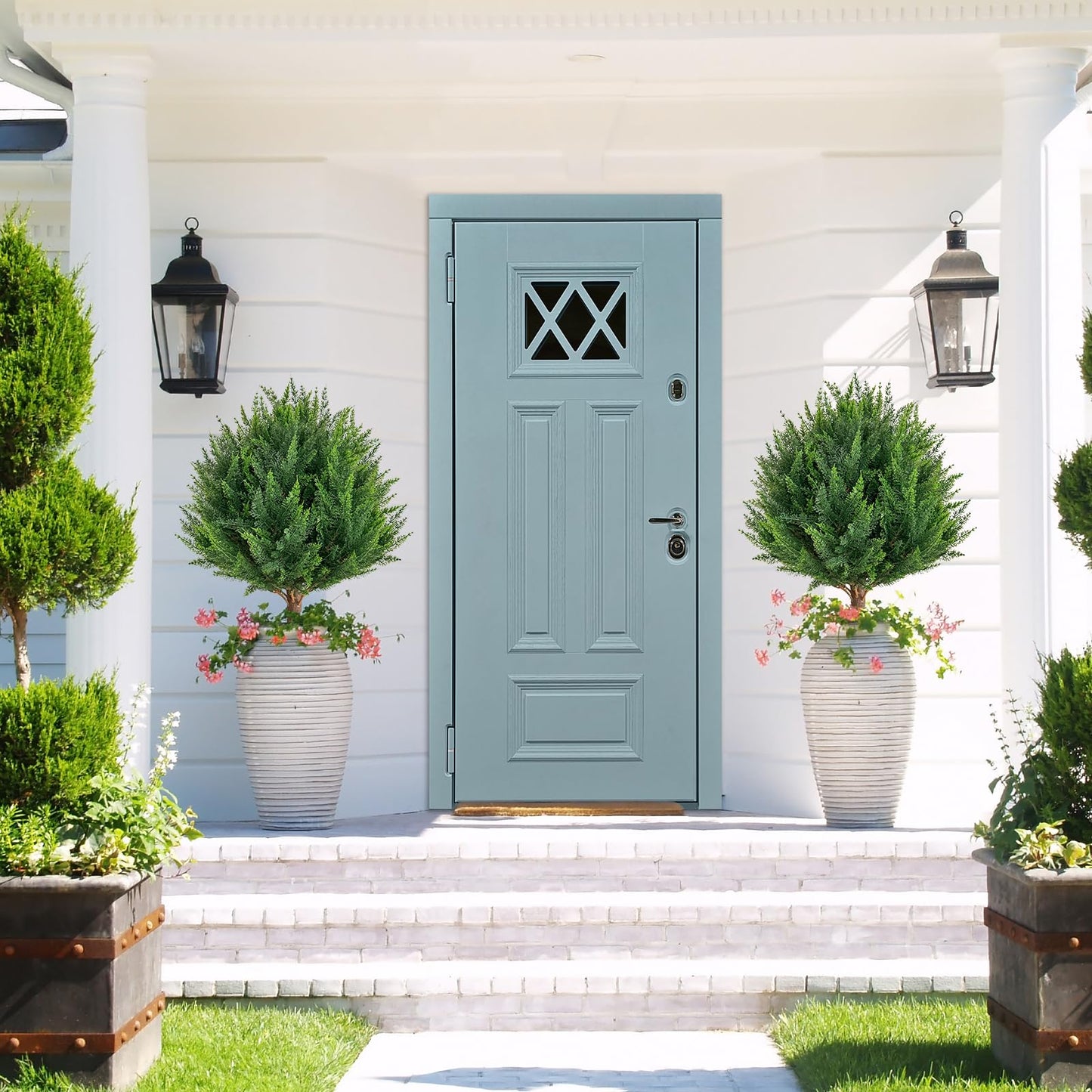25”Artificial Cedar Topiary Ball Tree Set of 2 with Ground Spikes, UV Resistant Artificial Bushes Fake Plants for Home Front Door Offices