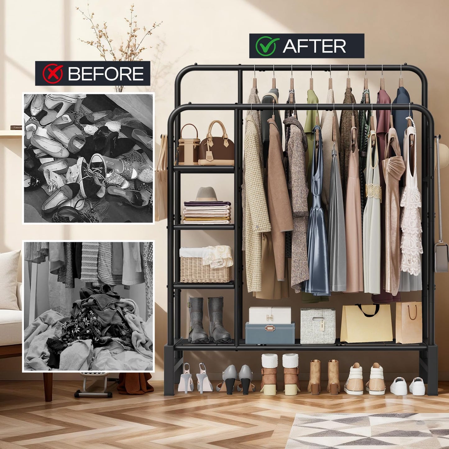 LZNIOZ Clothes Rack for Hanging Clothes, Double Rods Clothing Rack with 3 Tier Storage Shelves, Multifunctional Heavy Duty Garment Rack for Bedroom, Laundry, Wardrobe Closet, Black