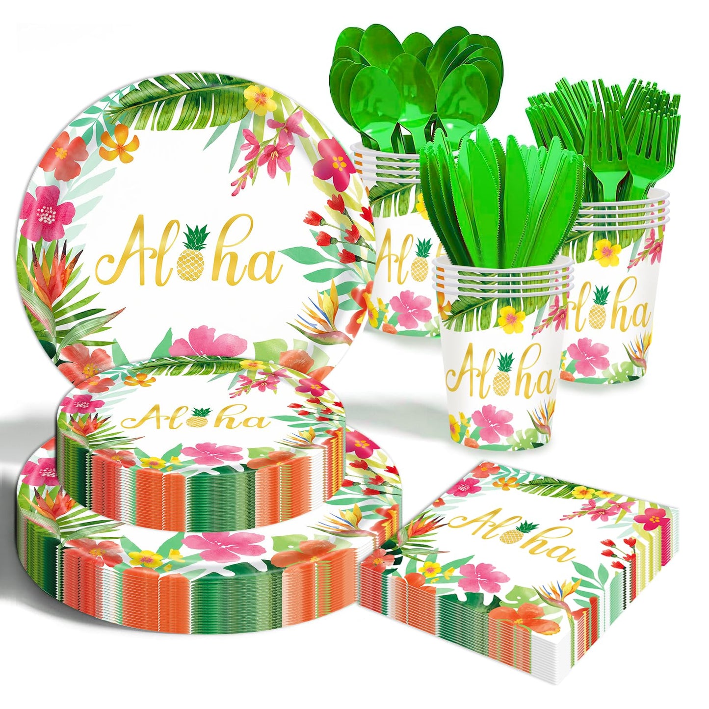 Hawaiian Luau Party Decorations Supplies - 175 PCS Aloha Tropical Birthday Party Decorations Disposable Dinnerware Set (25 Guest) With Paper Plates Napkin Cup for Summer Beach Themed Pool