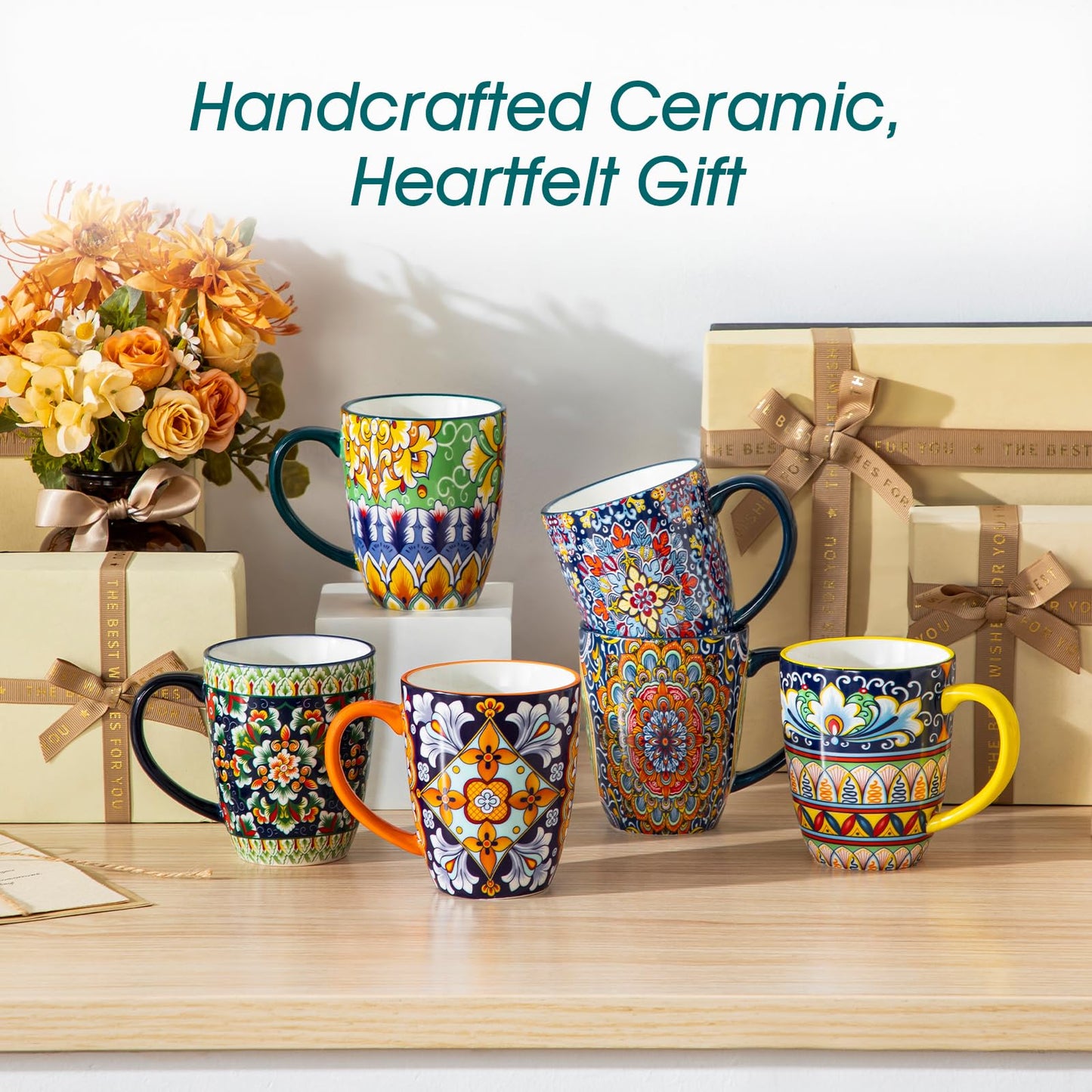 vancasso 12 oz Coffee Mugs Set of 6, Ceramic Mug with Handle, Boho Coffee Cups for Latte, Cappuccino & Hot Chocolate, Dishwasher & Microwave Safe Gift Set, Series SIMI