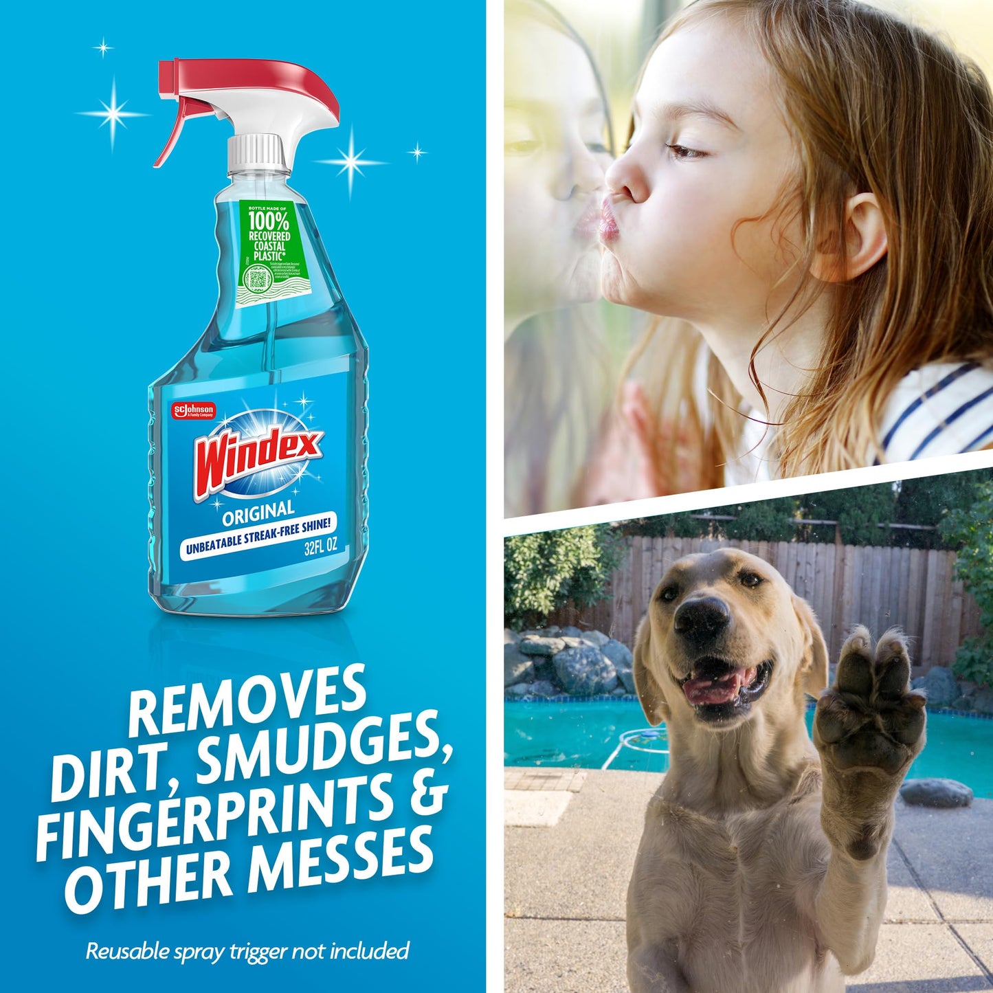 Windex Refill Original Blue Glass and Window Cleaner Bottles + 1 Reusable Spray Trigger, Surface Cleaning Spray, Original Blue Scent, 32 Fl Oz (Pack of 3)