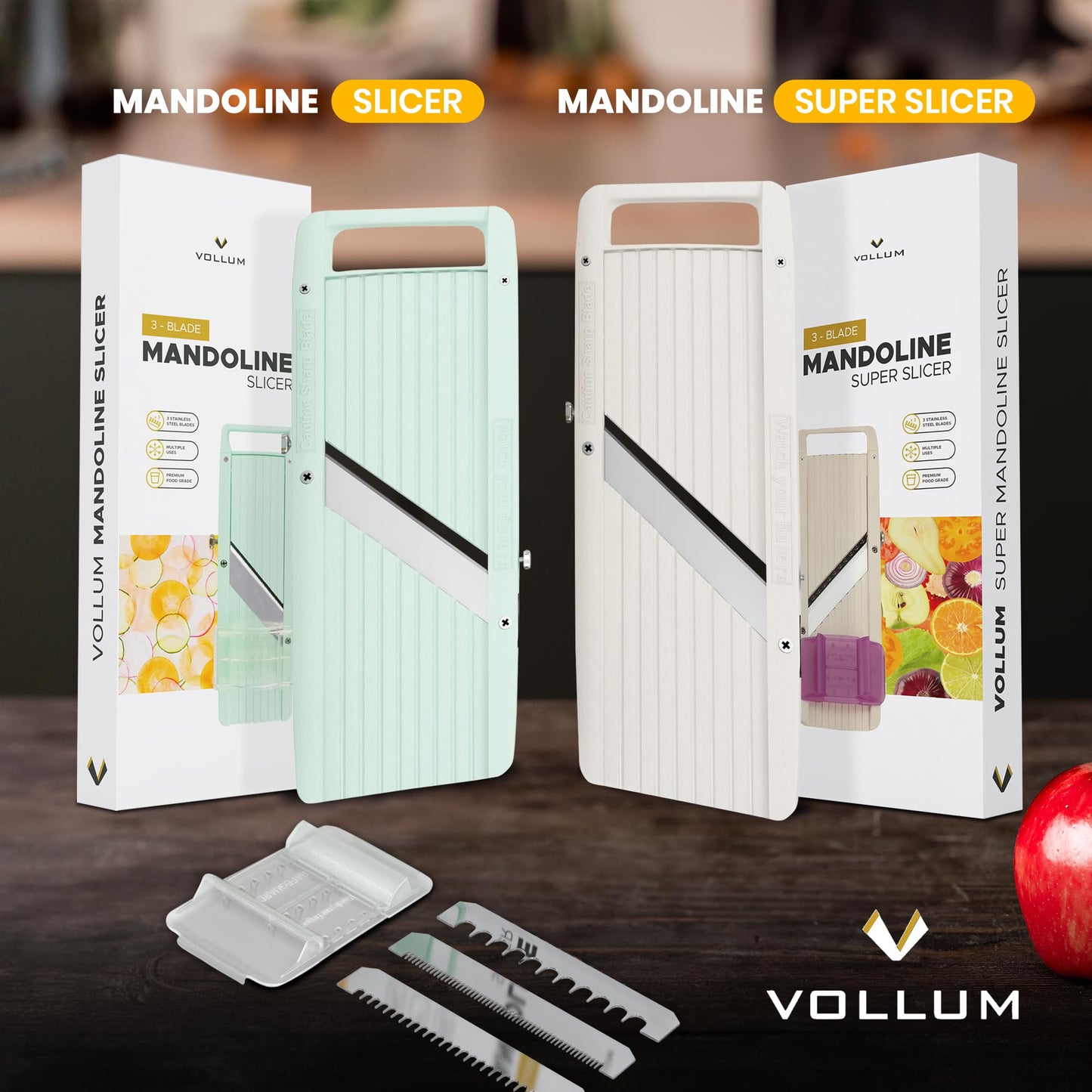 Vollum Japanese Mandoline Slicer – Professional Slicer Vegetable Cutter Japanese Mandoline Slicer for Kitchen with Interchangeable Stainless Steel Blades – Narrow Handheld Food Manual Slicer