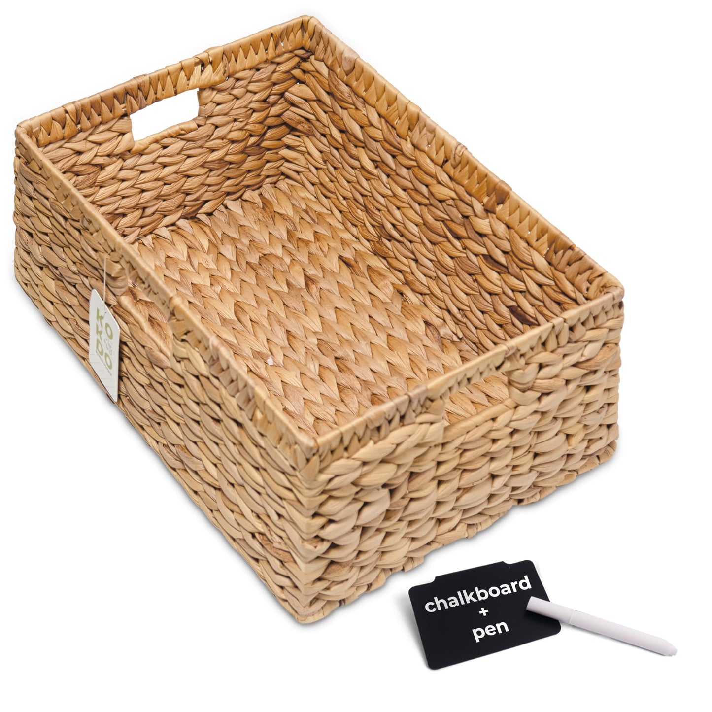 KOKODO 16.5"Lx13"W Extra Large/Jumbo Wicker Storage Baskets with Chalkboard, Stylish and Durable Water Hyacinth Rectangle Handwoven Basket Bin with Metal Frame & Handle for Room Organizing