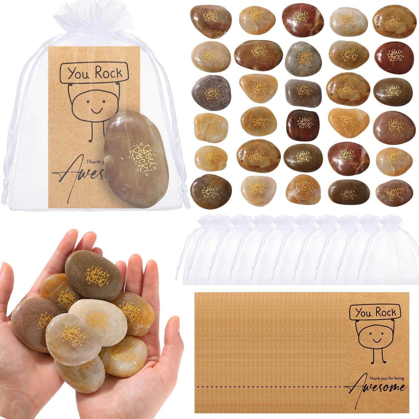 Roowest 30 Sets Inspirational You Rock Gifts Employee Appreciation Gift Engraved Inspirational Rocks Gift Faith Stones Cards Organza Bag for Staff Volunteer Coworker Teacher Nurse